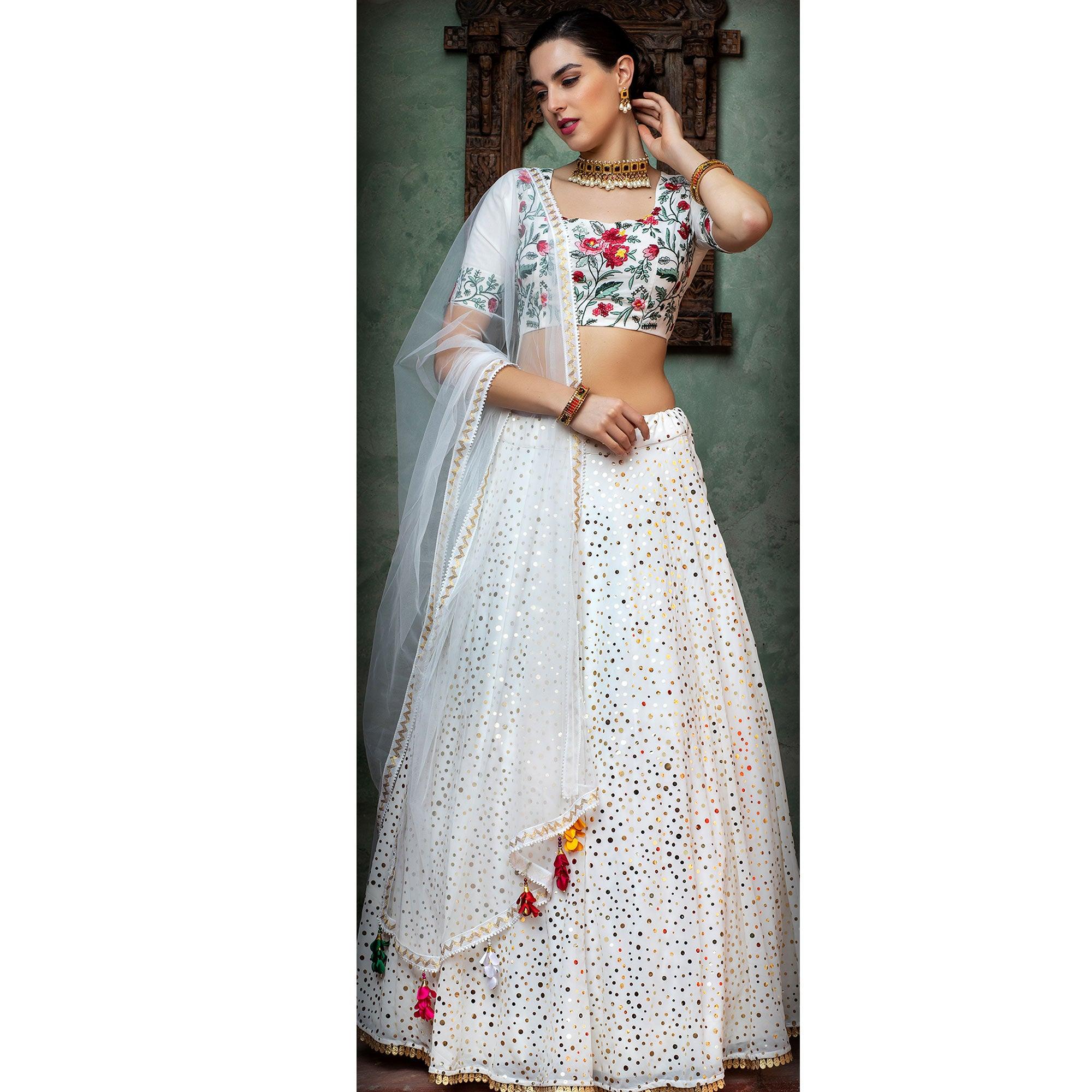 Desirable White Coloured Festive Wear Fancy Sequence Work Georgette Lehenga Choli - Peachmode