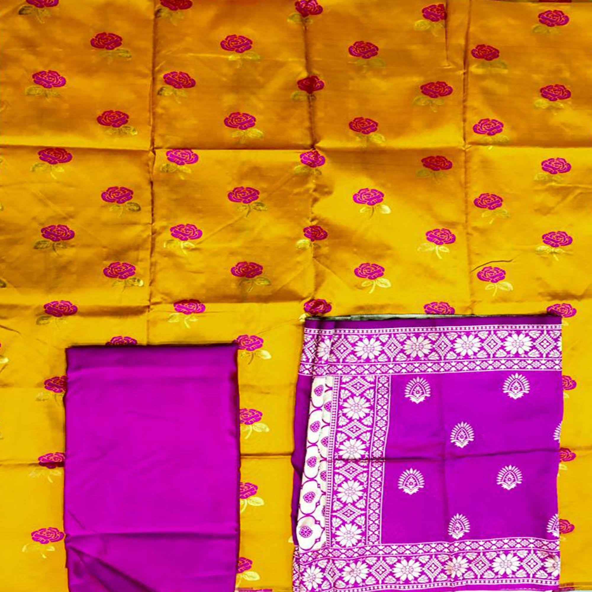 Desirable Yellow Colored Casual Woven Banarasi Silk Dress Material - Peachmode