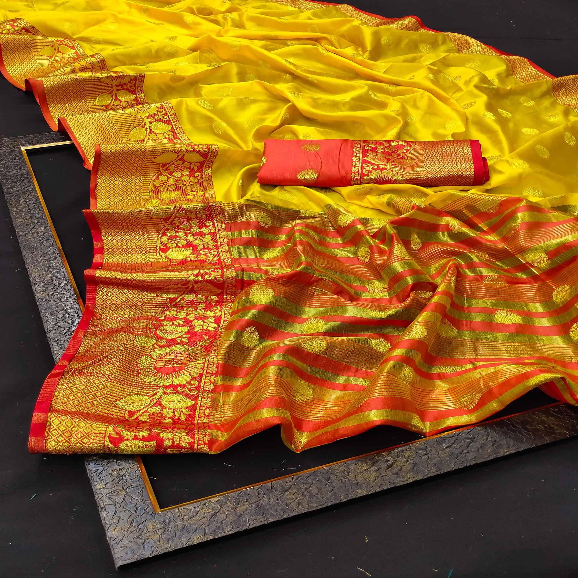 Desirable Yellow Colored Festive Wear Woven Kanjivaram Silk Saree - Peachmode
