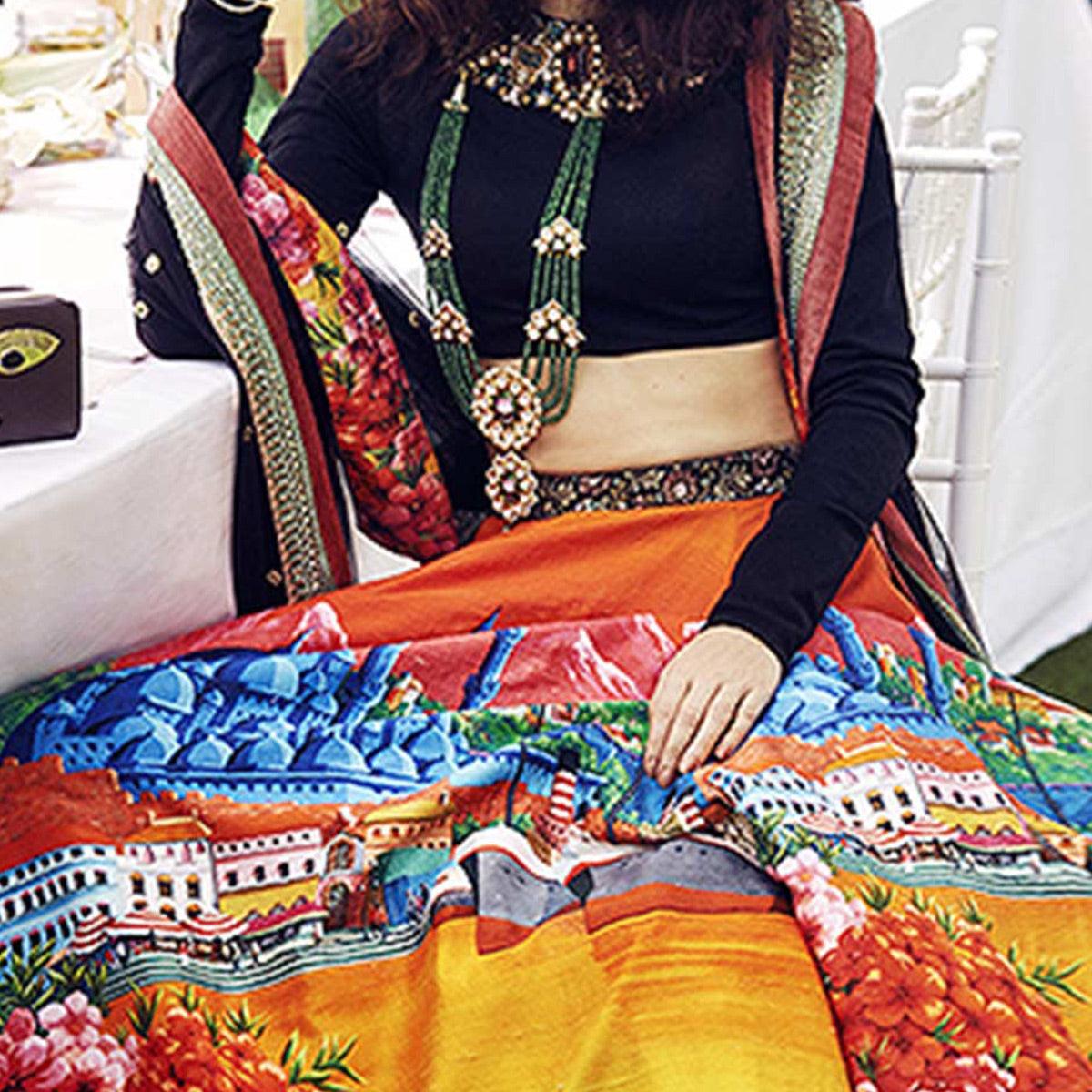Desiring Black Colored Partywear Designer Embroidered Art Silk Lehenga Choli - Peachmode