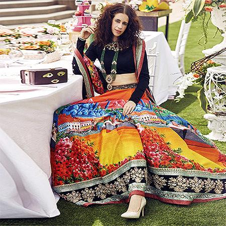 Desiring Black Colored Partywear Designer Embroidered Art Silk Lehenga Choli - Peachmode