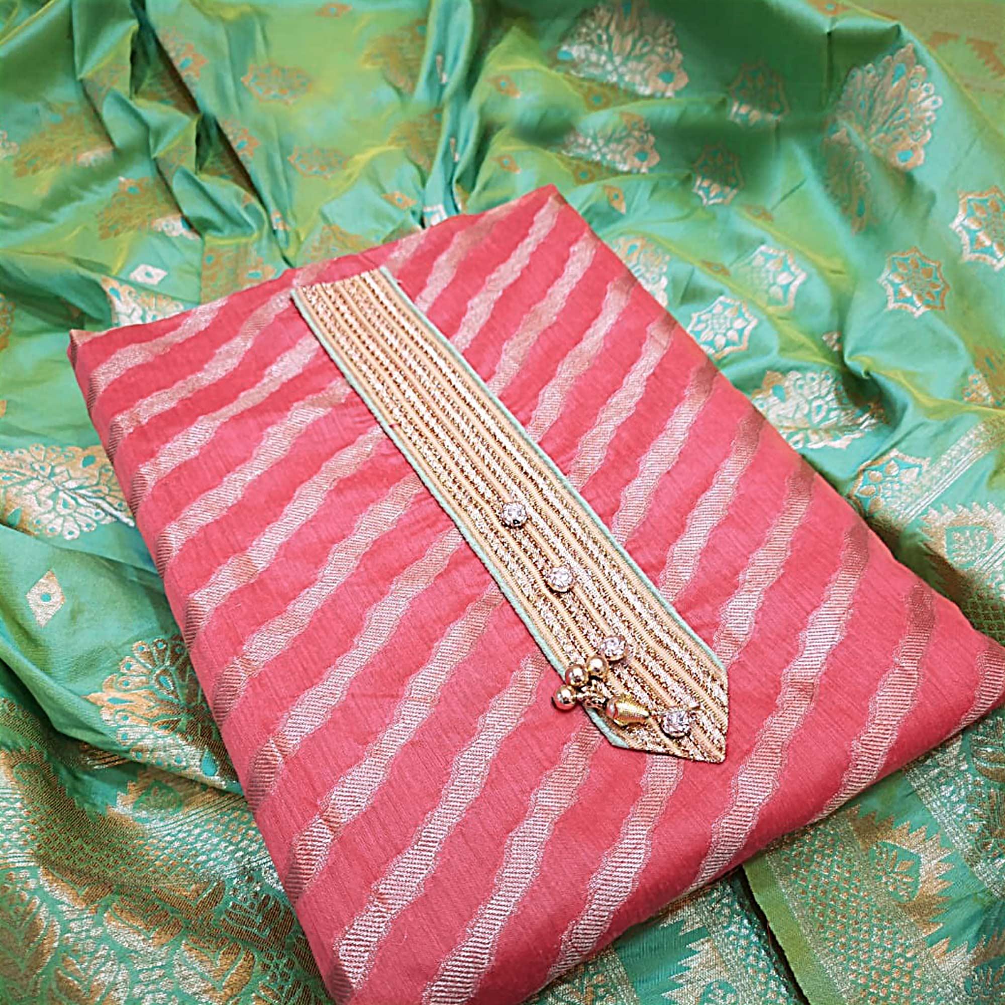 Desiring Gajari Pink Colored Festive Wear Jacquard Silk Dress Material - Peachmode
