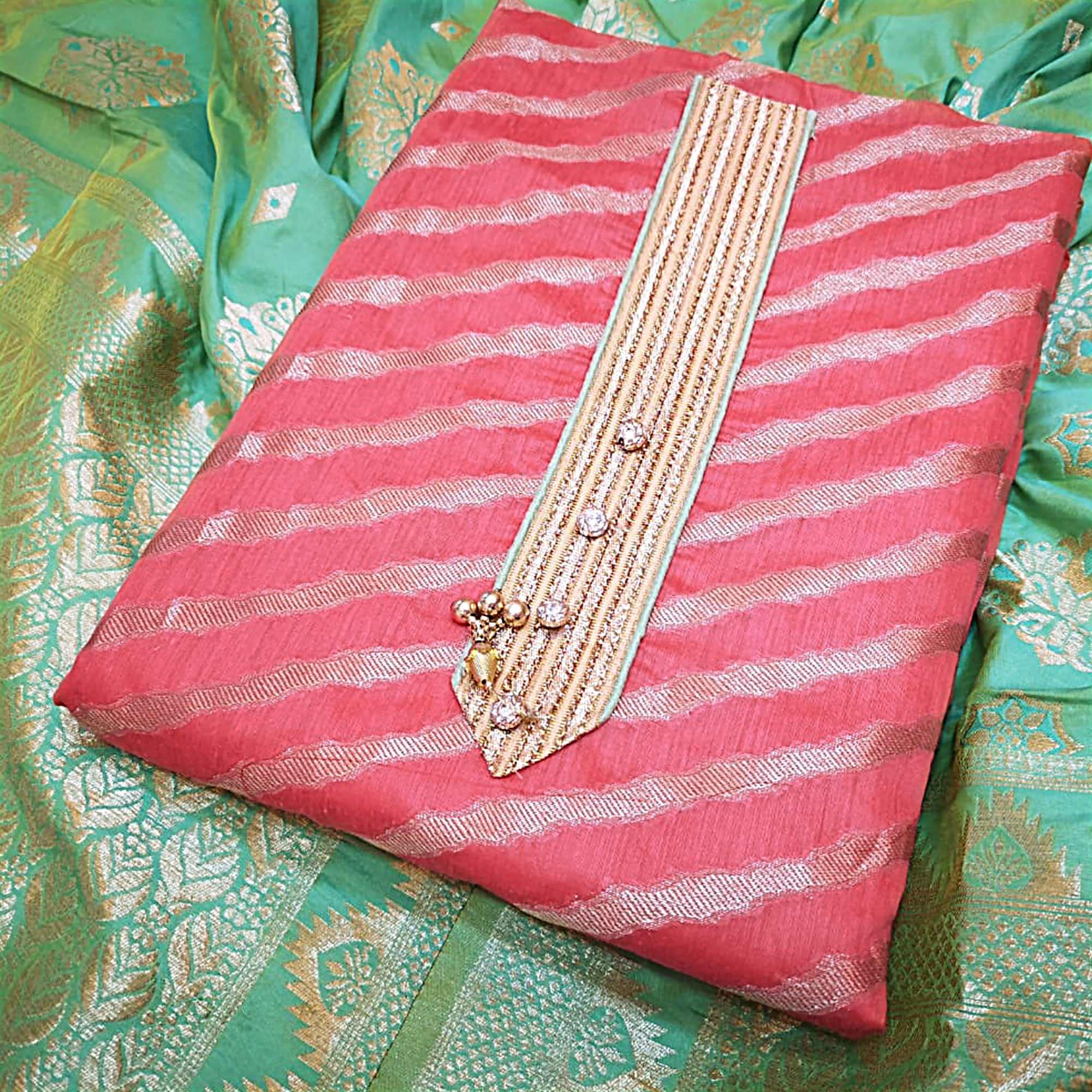 Desiring Gajari Pink Colored Festive Wear Jacquard Silk Dress Material - Peachmode