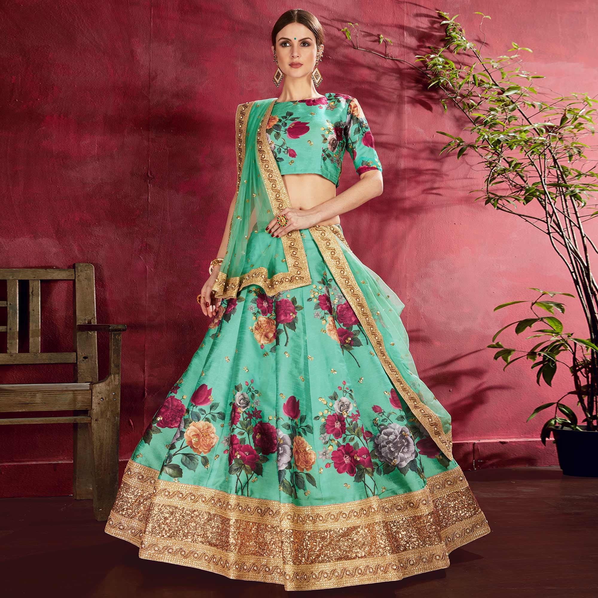 Desiring Green Colored Partywear Designer Embroidered Art Silk Lehenga Choli - Peachmode