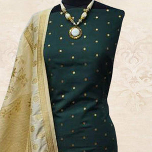 Desiring Green Woven Satin Dress Material With Banarasi Silk Dupatta - Peachmode