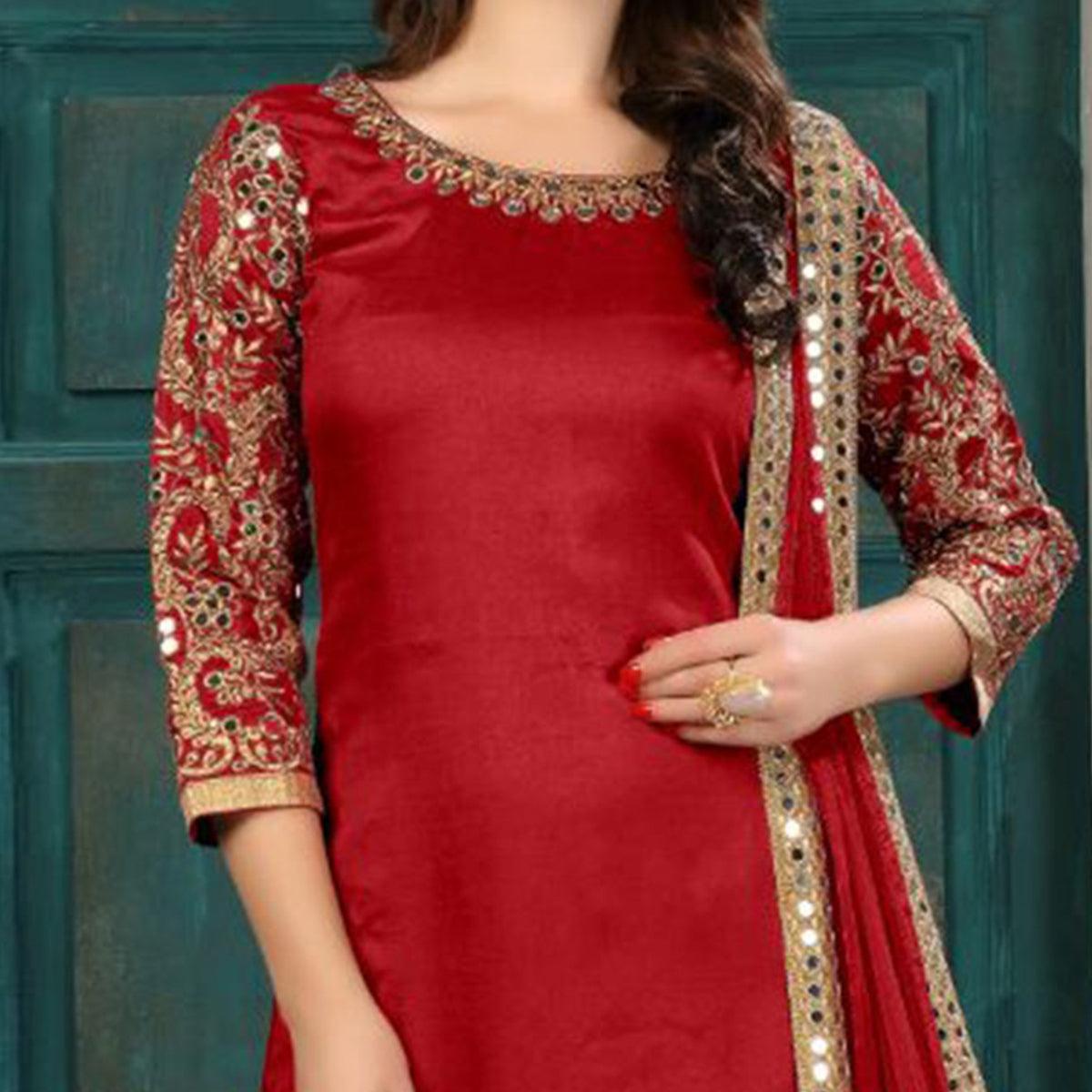 Desiring Red Colored Partywear Embroidered Art Silk Salwar Suit - Peachmode