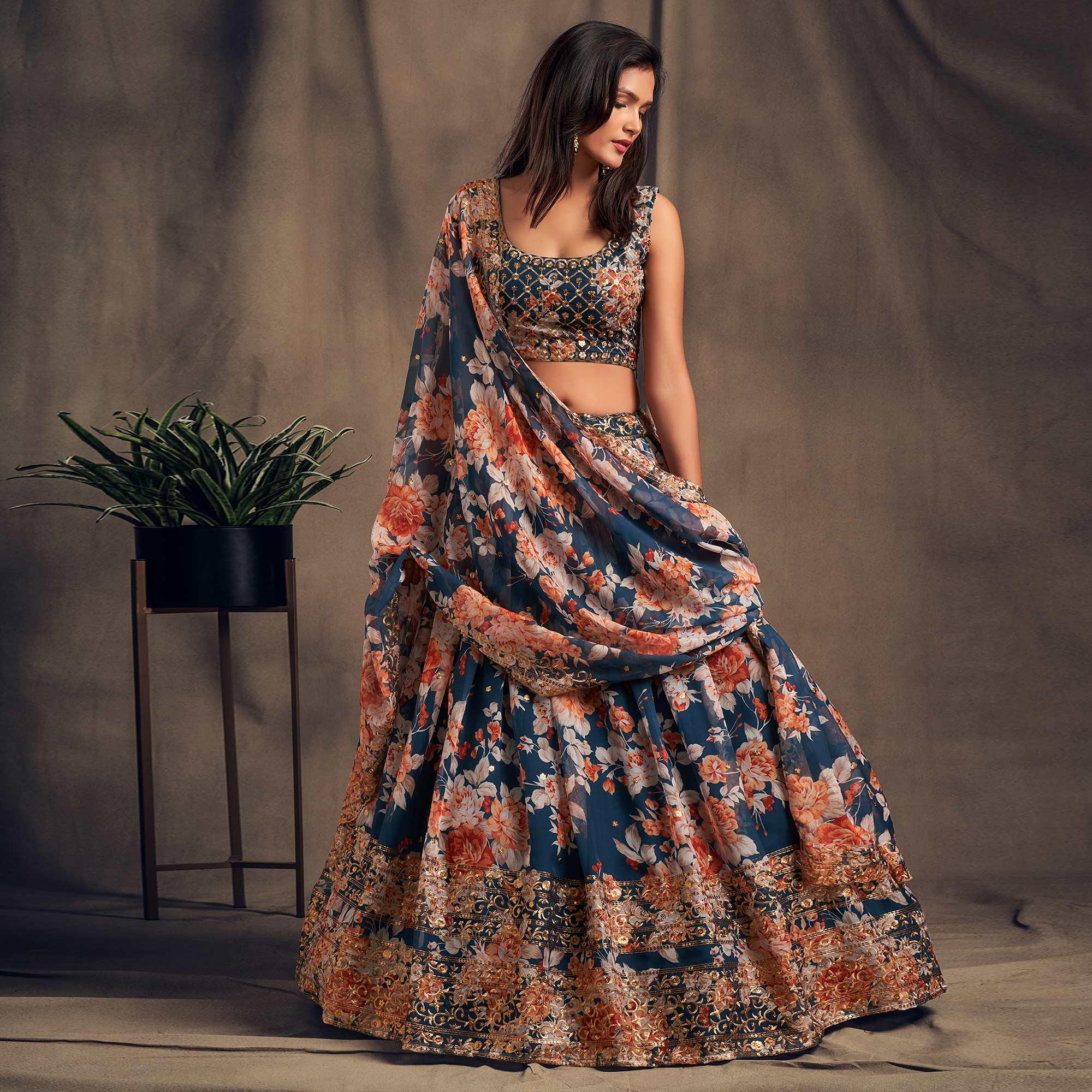 Dove Blue Partywear Floral Print With Sequin Zari Embroidered Organza Lehenga Choli - Peachmode