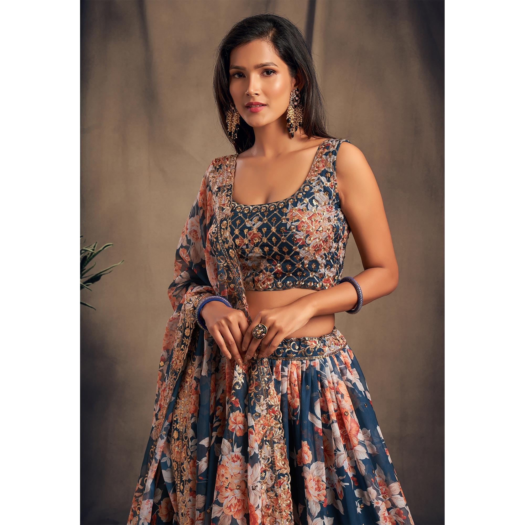 Dove Blue Partywear Floral Print With Sequin Zari Embroidered Organza Lehenga Choli - Peachmode