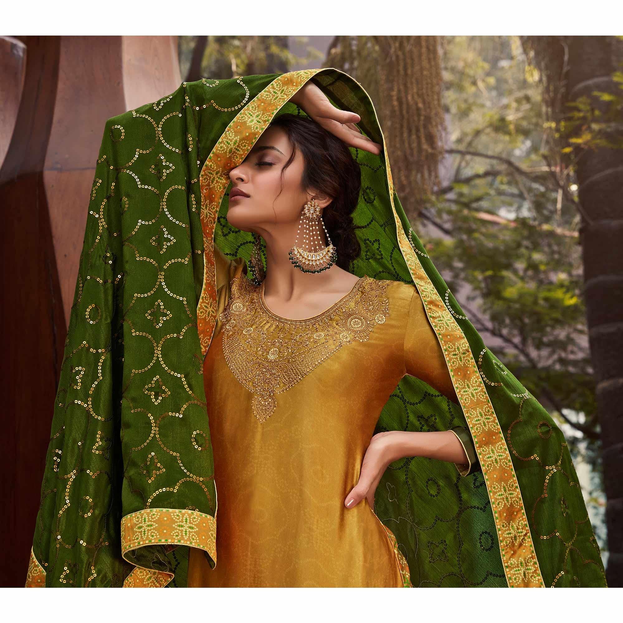 Drak Yellow & Green Party Wear Floral Embroidery With Digital Printed Jam Satin Suit - Peachmode