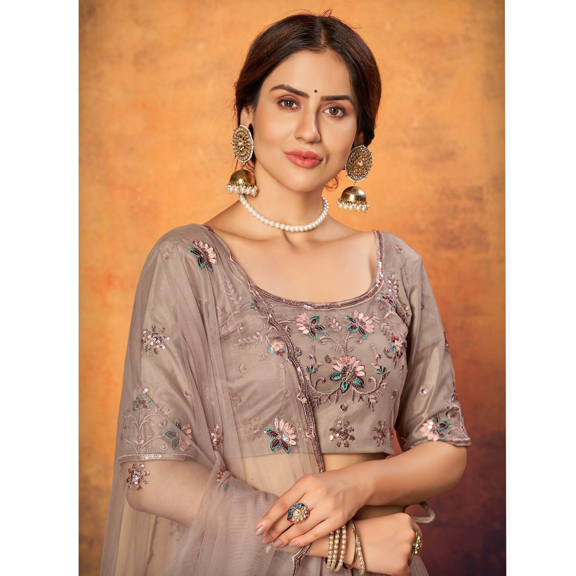 Dusty Brown Festive Wear Thread With Floral Sequence Embroidered Net Lehenga Choli - Peachmode