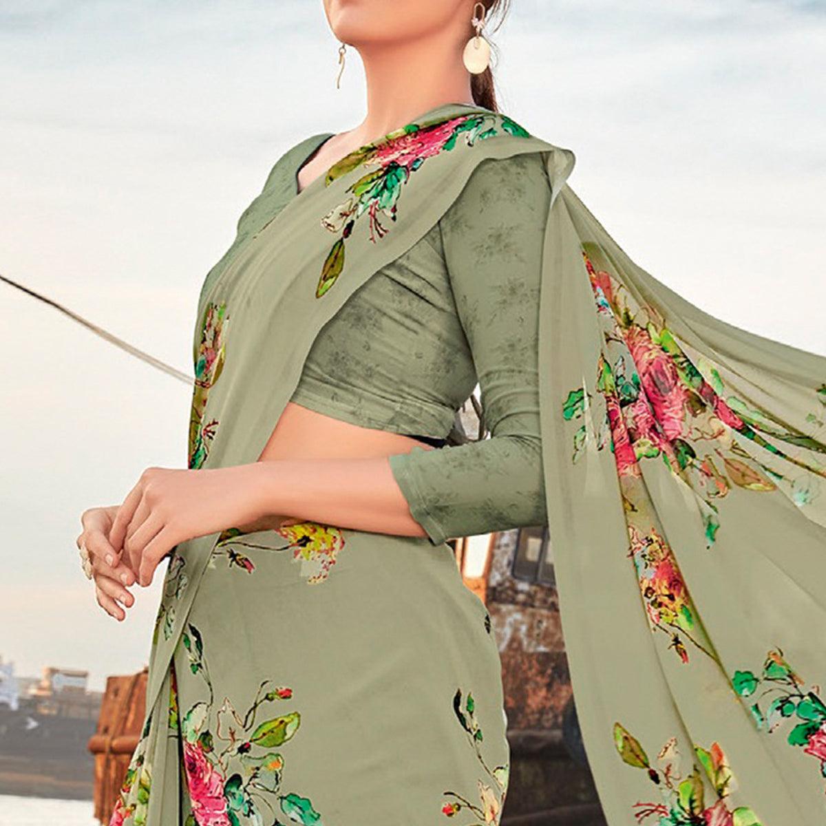 Dusty-Green Festive Wear Floral Printed Georgette Saree - Peachmode