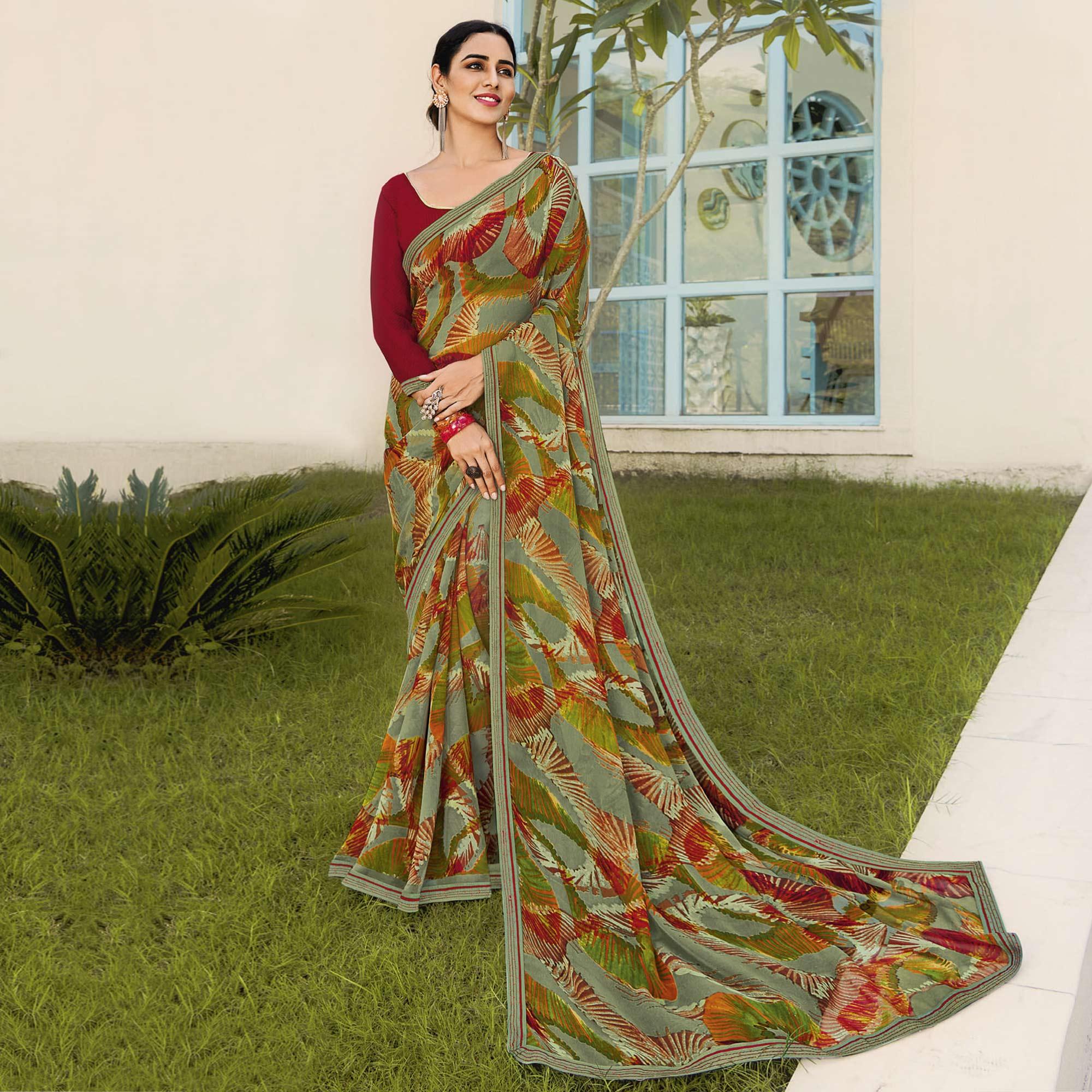 Dusty Green Partywear Printed Georgette Saree - Peachmode