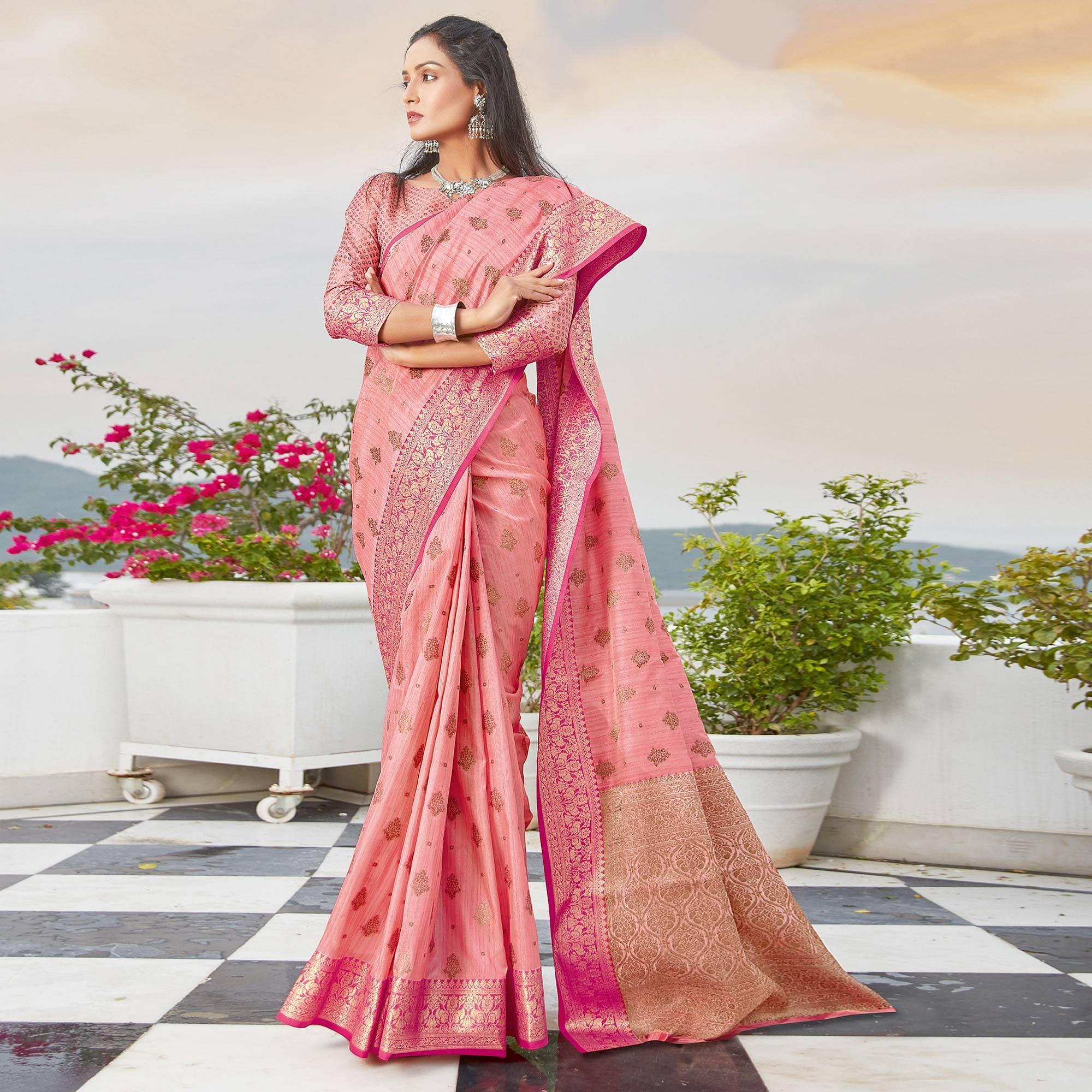 Dusty Pink Casual Wear Woven Cotton Handloom Saree - Peachmode
