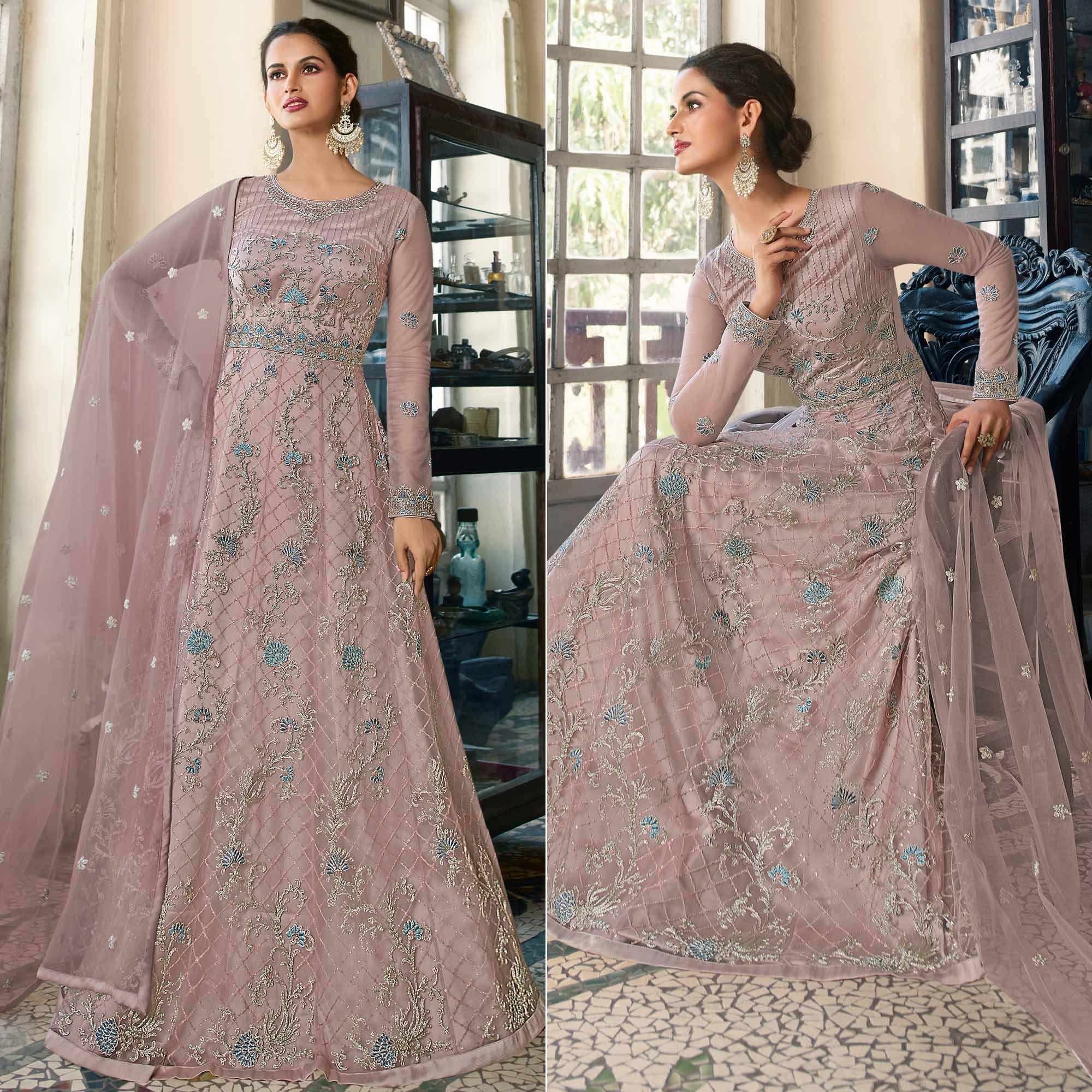 Dusty Pink Embroidered Netted Anarkali Style Gown - Peachmode