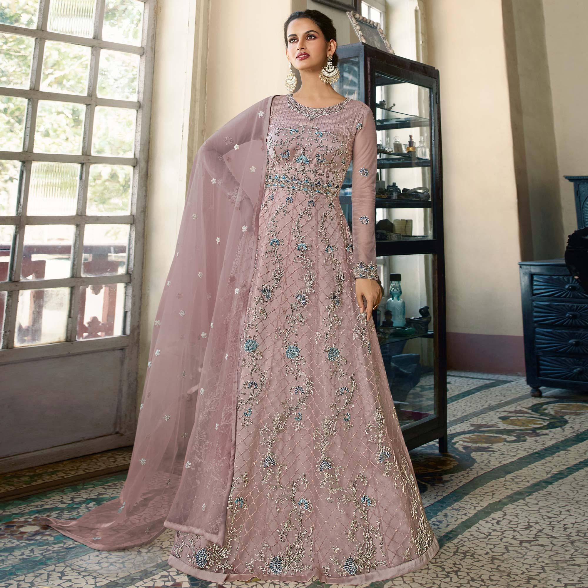 Dusty Pink Embroidered Netted Anarkali Style Gown - Peachmode