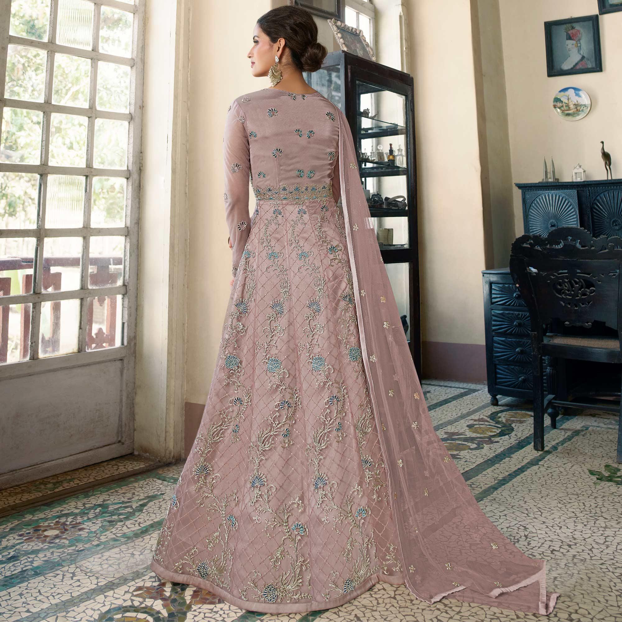 Dusty Pink Embroidered Netted Anarkali Style Gown - Peachmode