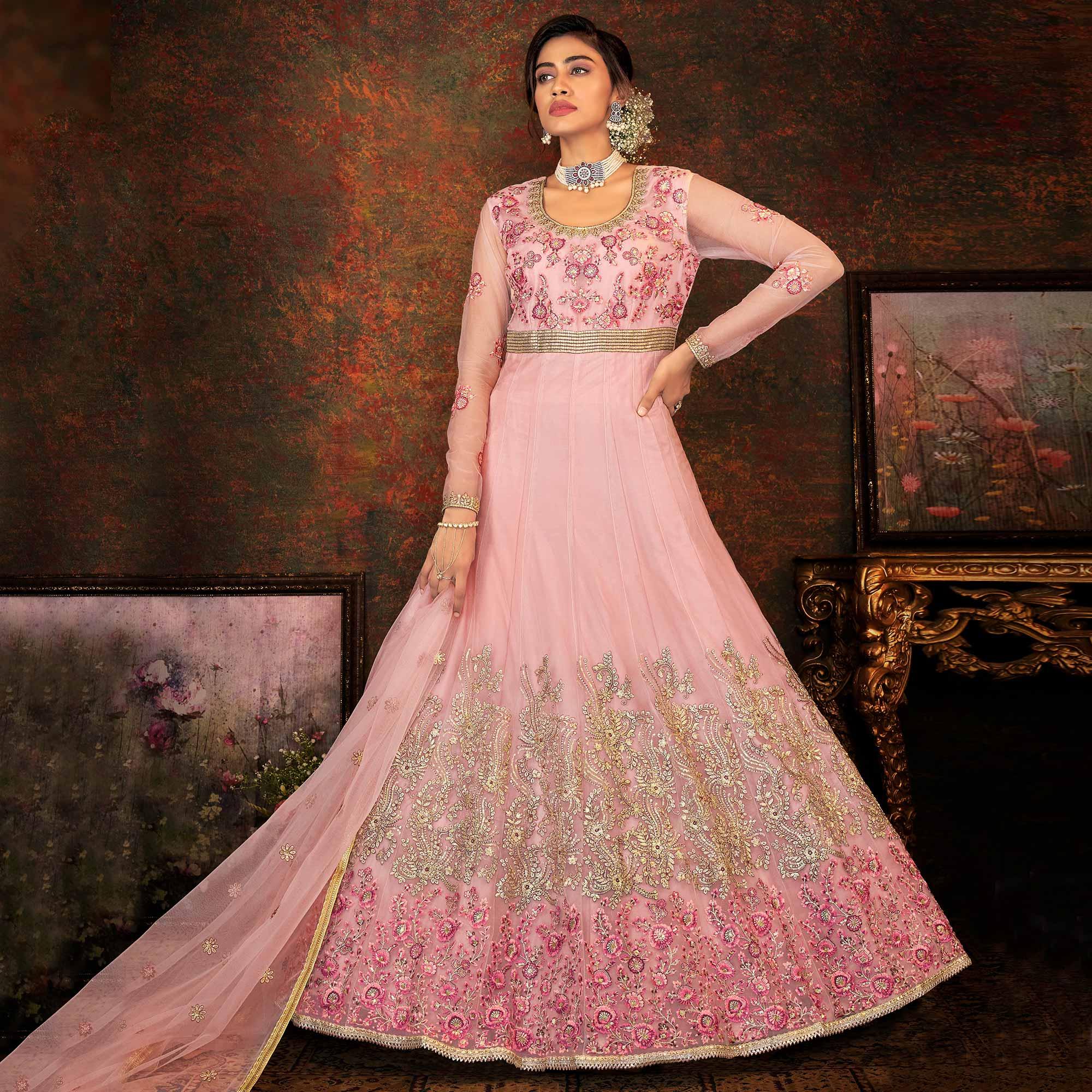 Dusty Pink Floral Embroidered Net Partywear Gown - Peachmode