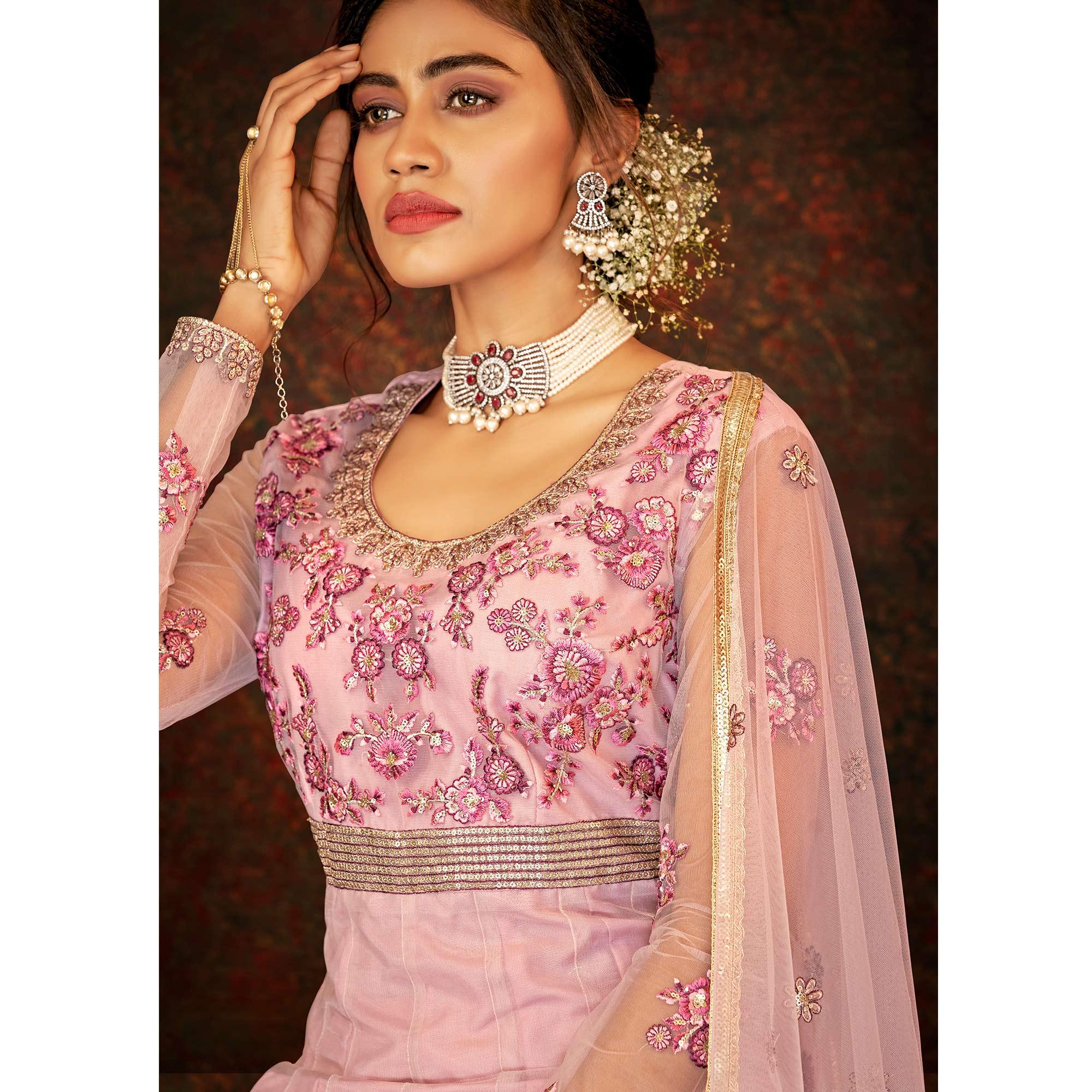 Dusty Pink Floral Embroidered Net Partywear Gown - Peachmode