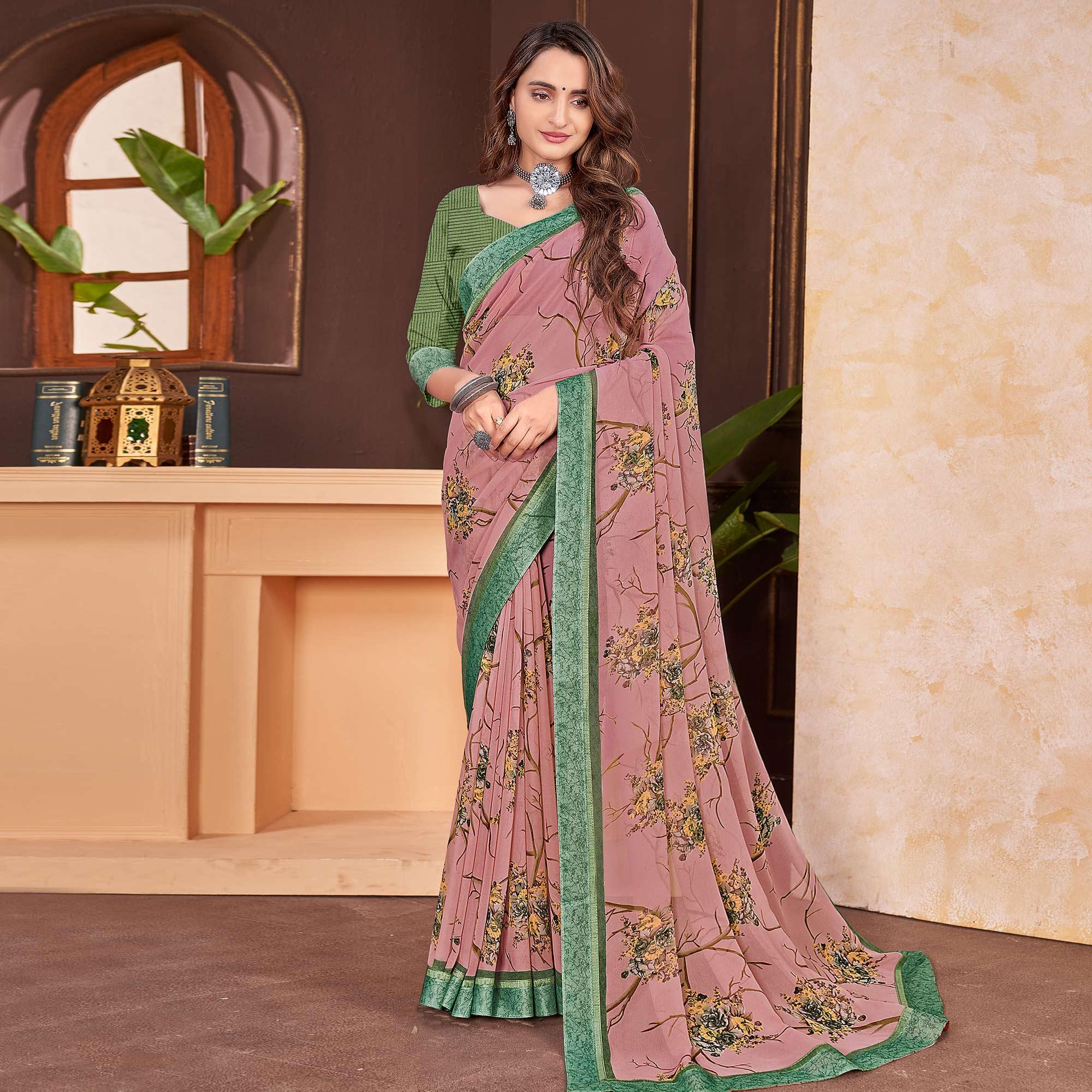 Dusty Pink Floral Printed Georgette Saree - Peachmode