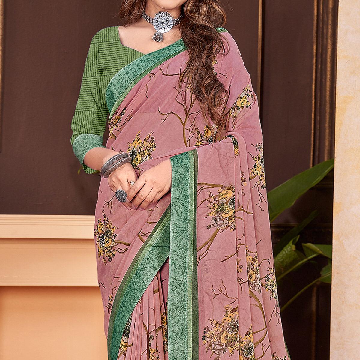 Dusty Pink Floral Printed Georgette Saree - Peachmode