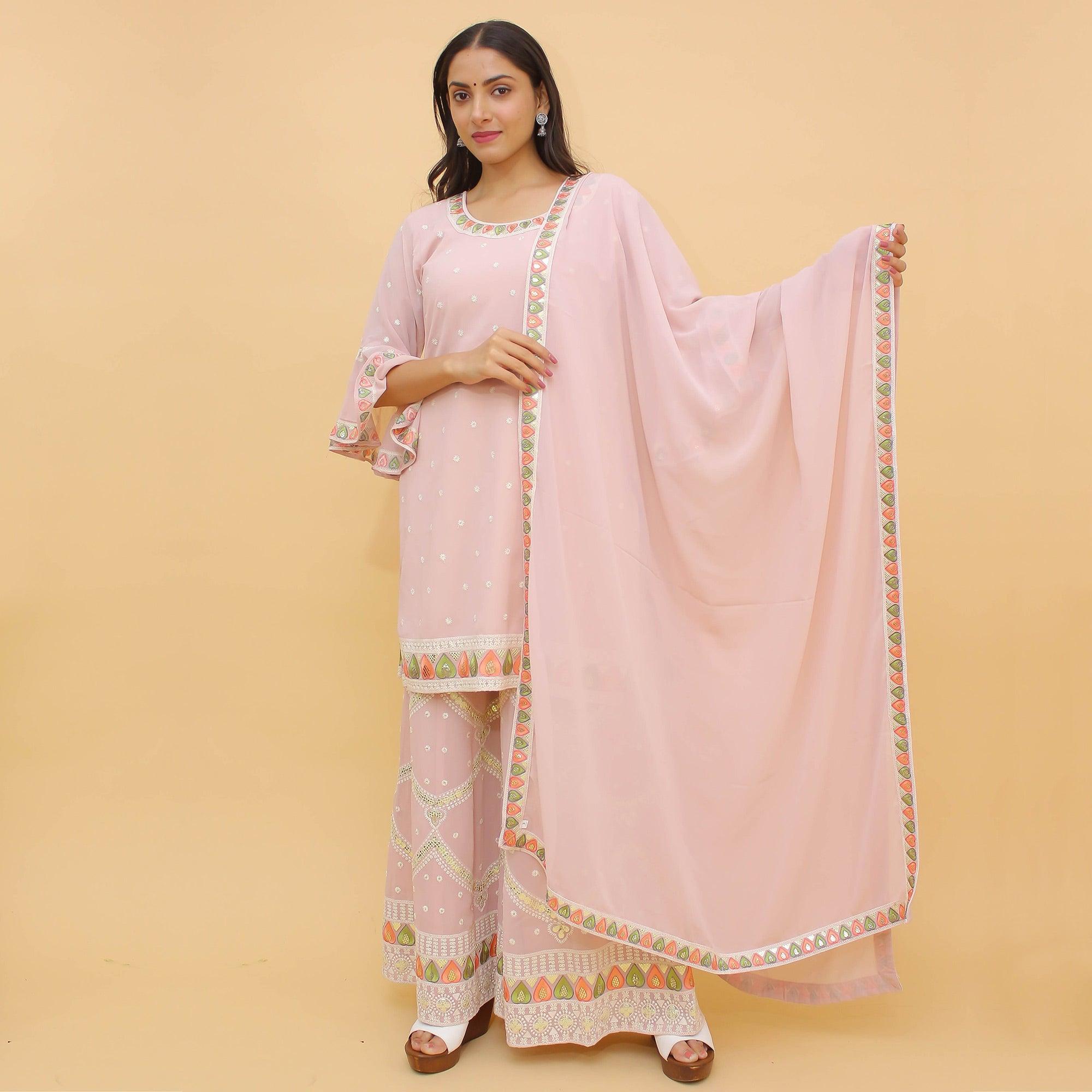 Dusty Pink Sequence Embroidered With Foil Georgette Sharara Suit - Peachmode