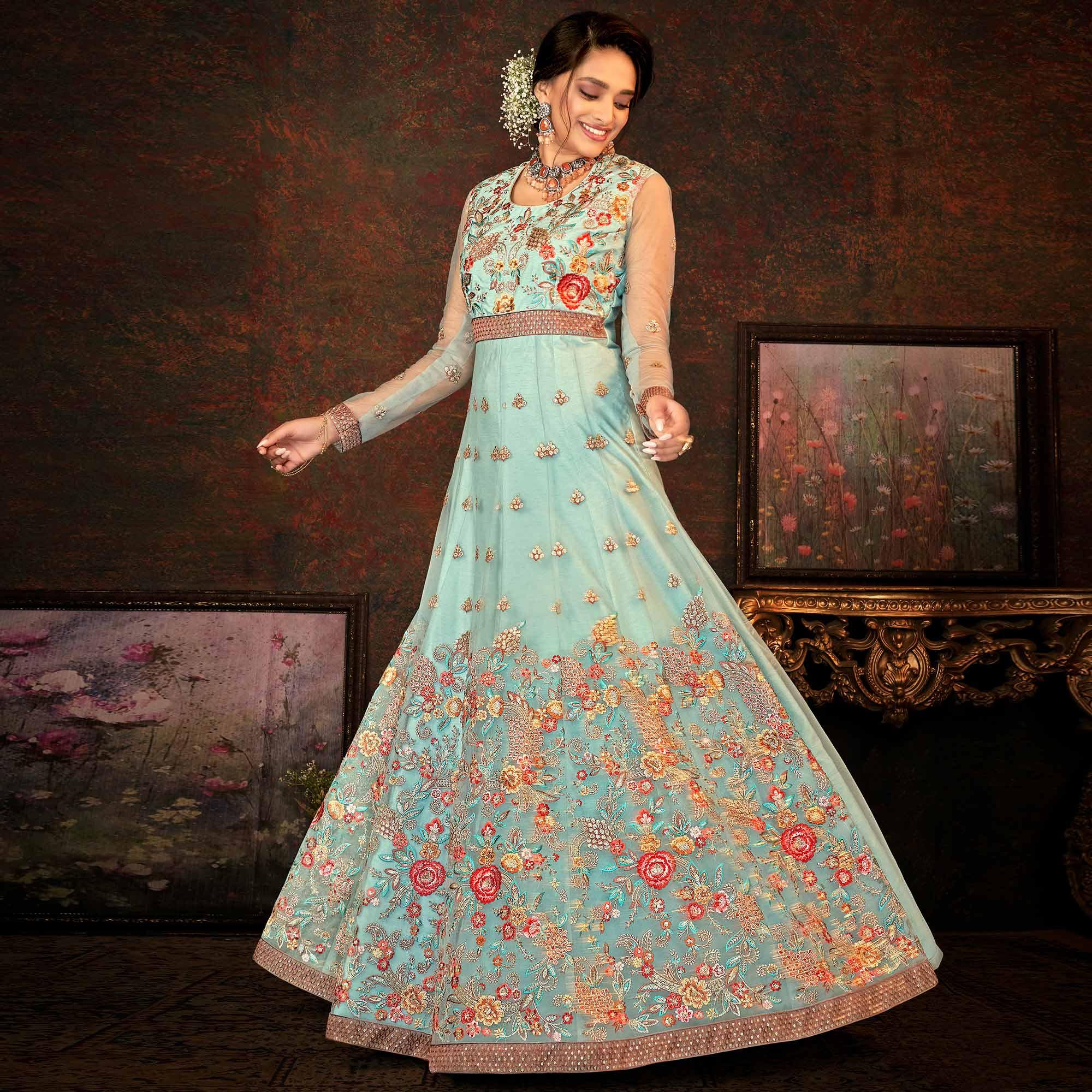 Dusty Rama Floral Embroidered Net Partywear Gown - Peachmode