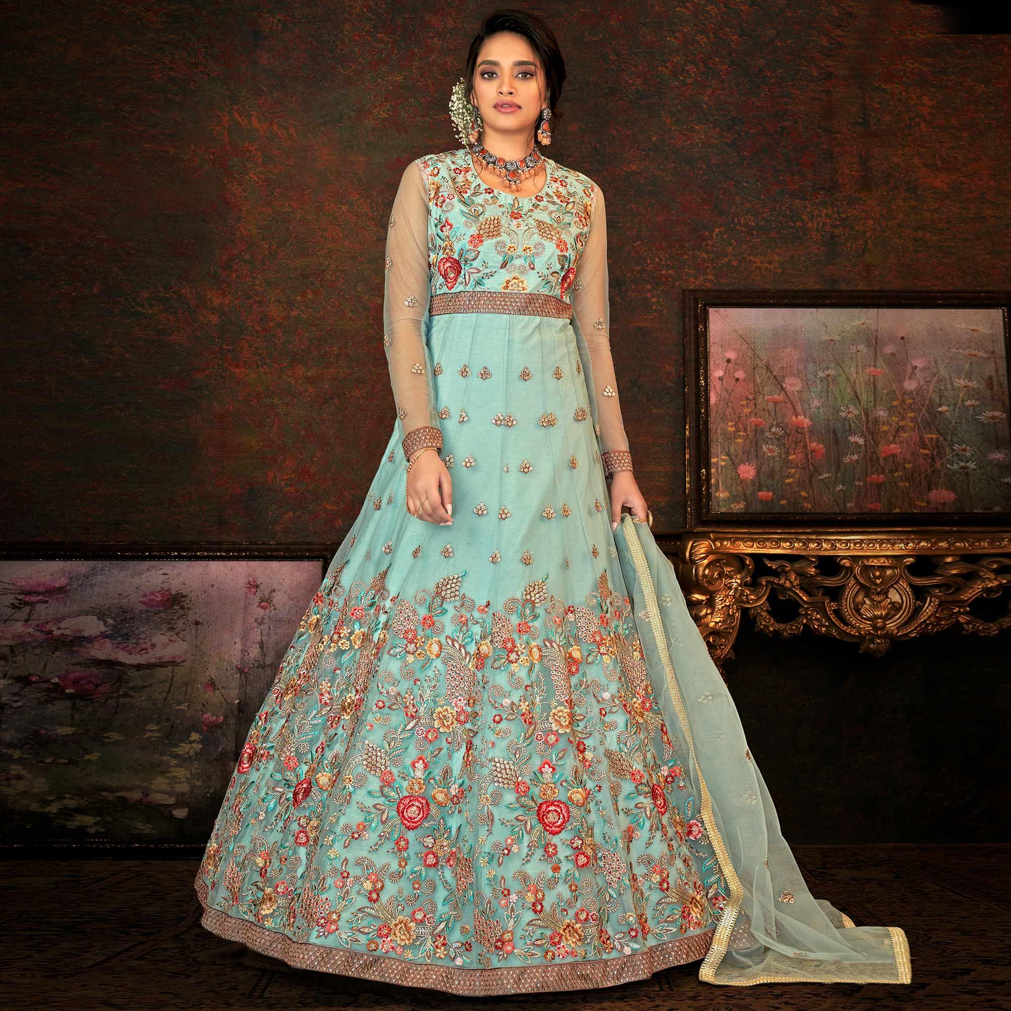 Dusty Rama Floral Embroidered Net Partywear Gown - Peachmode