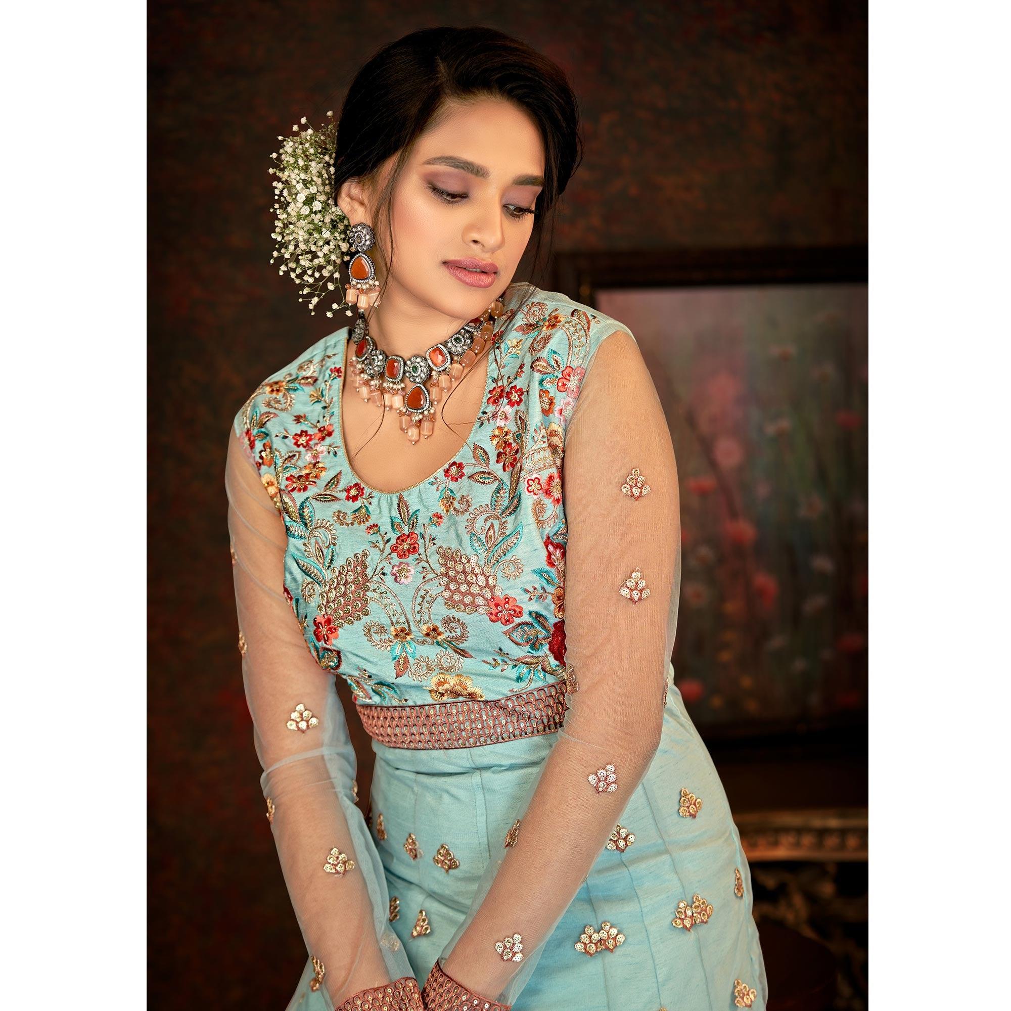 Dusty Rama Floral Embroidered Net Partywear Gown - Peachmode
