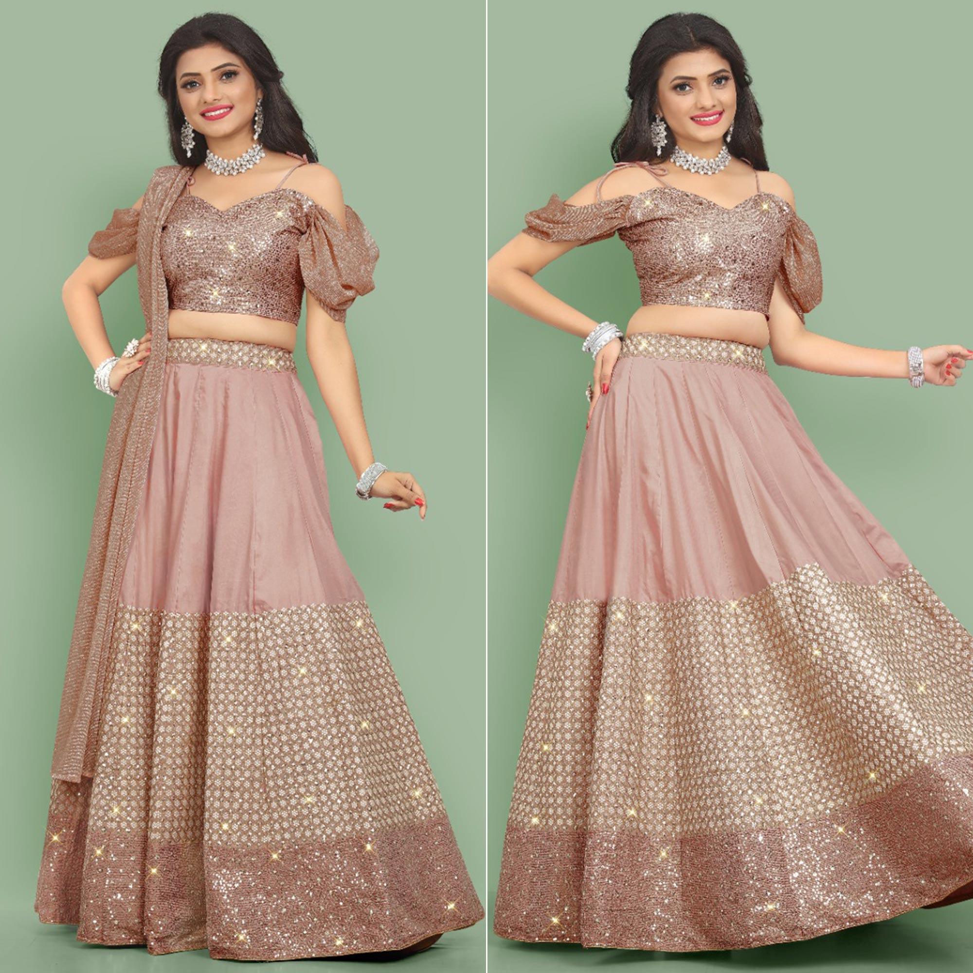 Dusty Rose Pink Partywear Sequence Embroidery Silk Lehenga Choli - Peachmode