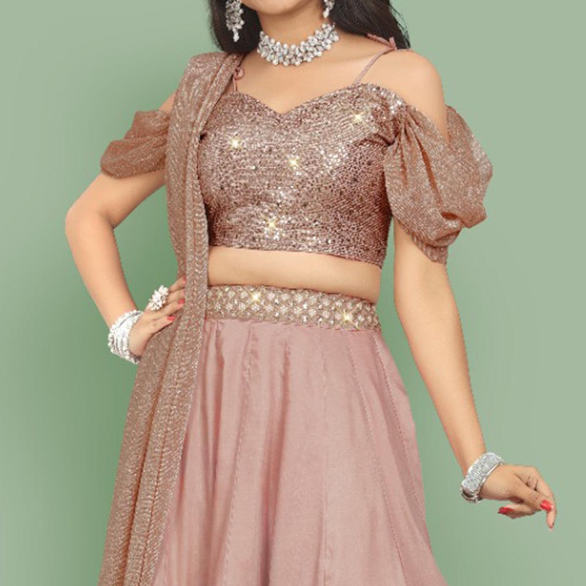 Dusty Rose Pink Partywear Sequence Embroidery Silk Lehenga Choli - Peachmode