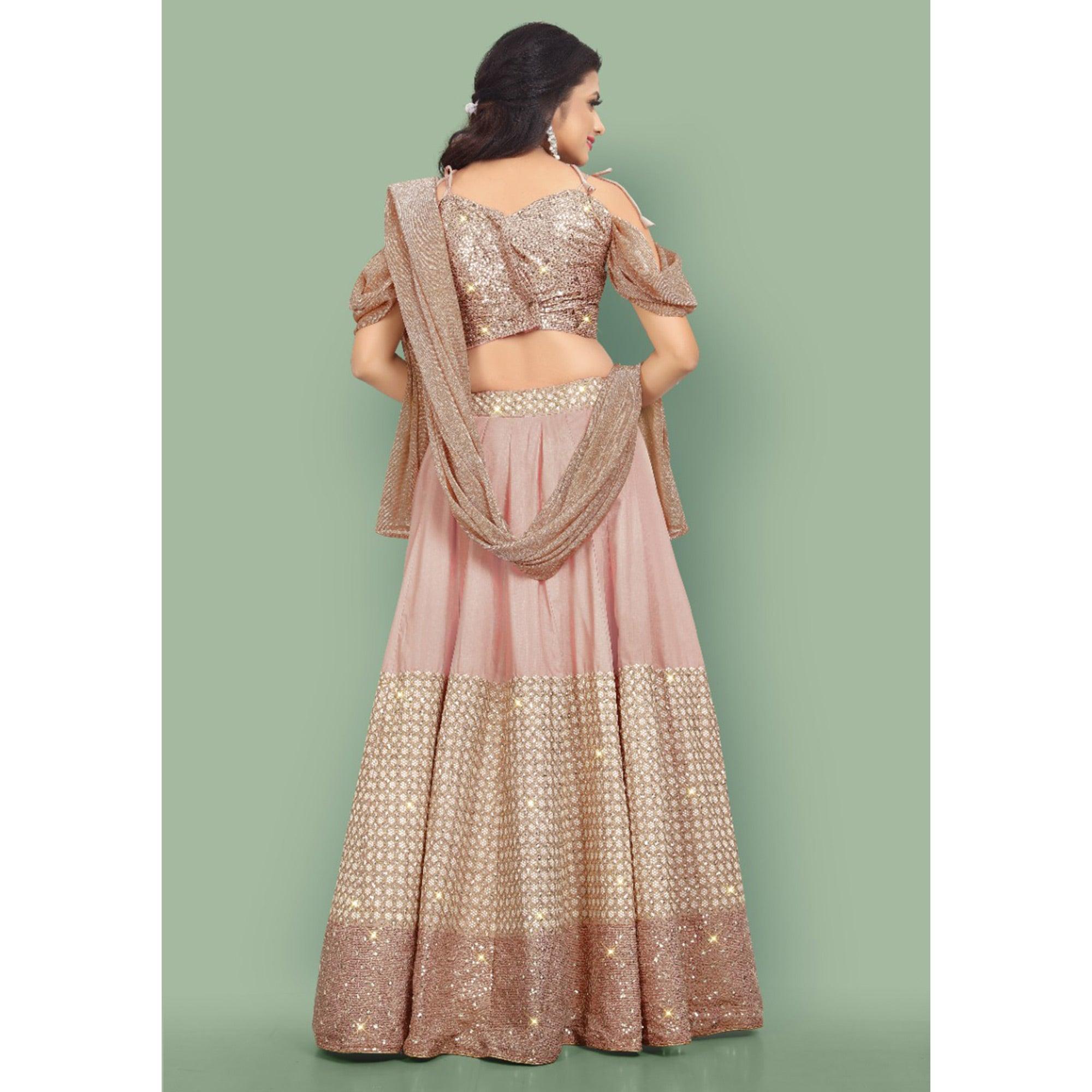 Dusty Rose Pink Partywear Sequence Embroidery Silk Lehenga Choli - Peachmode