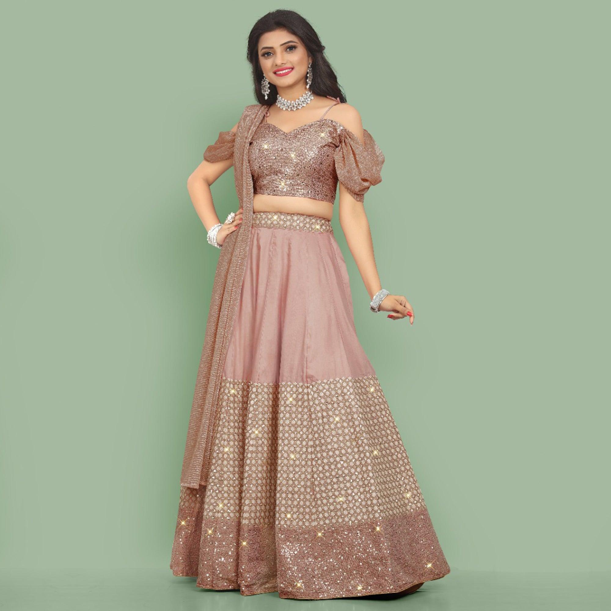 Dusty Rose Pink Partywear Sequence Embroidery Silk Lehenga Choli - Peachmode