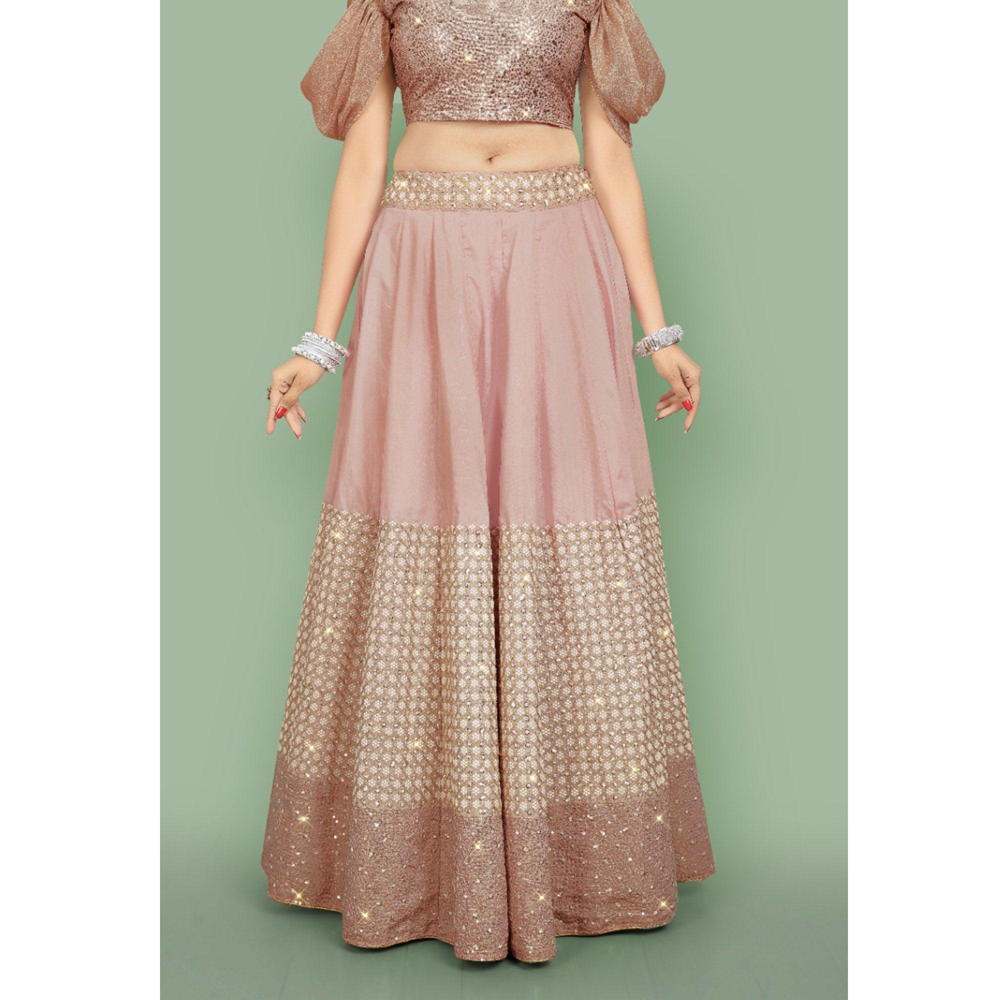 Dusty Rose Pink Partywear Sequence Embroidery Silk Lehenga Choli - Peachmode