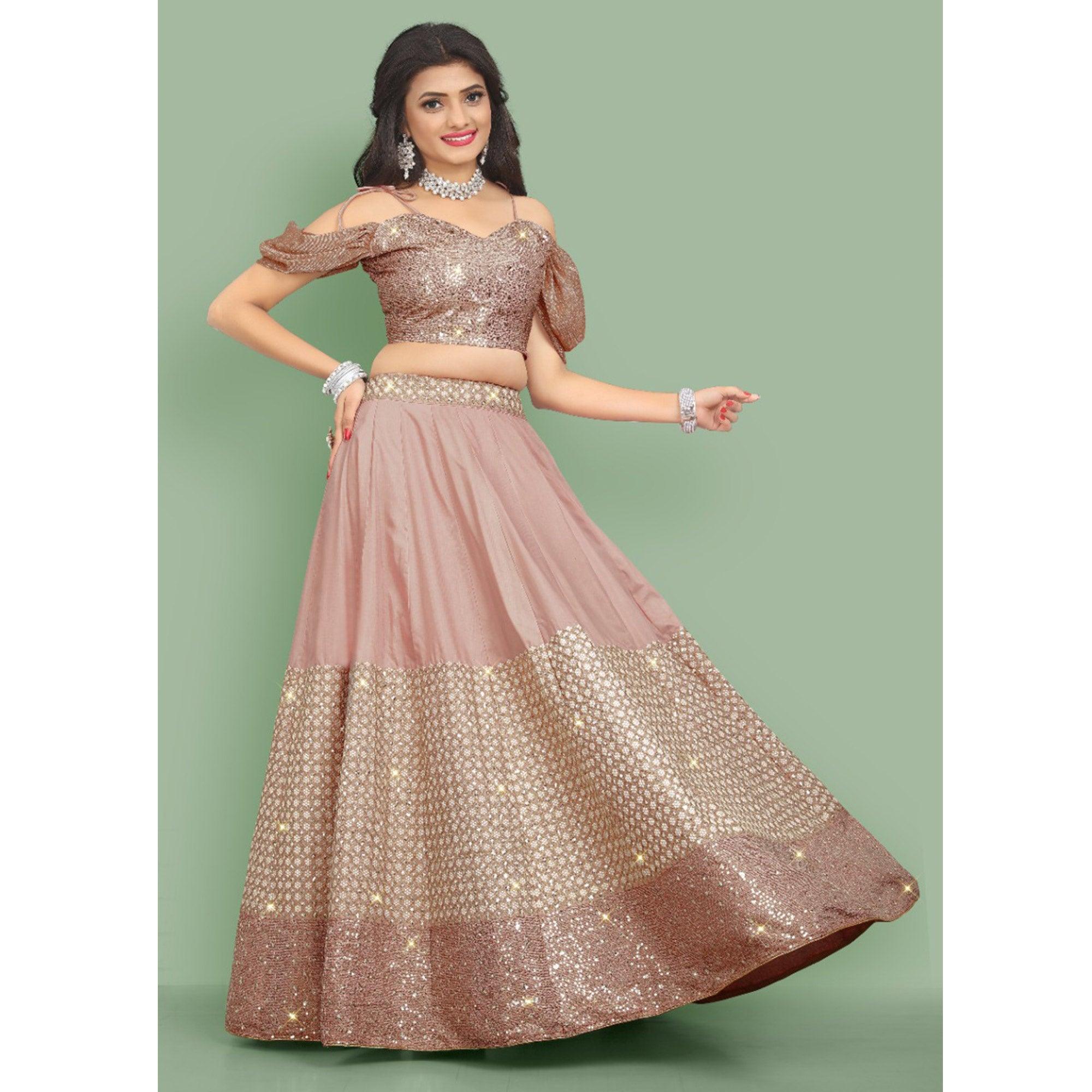 Dusty Rose Pink Partywear Sequence Embroidery Silk Lehenga Choli - Peachmode