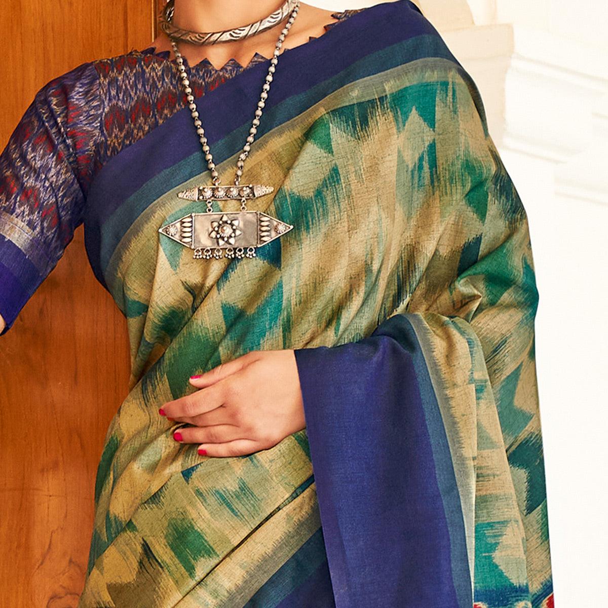 Elegant Beige & Green Coloured Partywear Woven Silk Saree - Peachmode