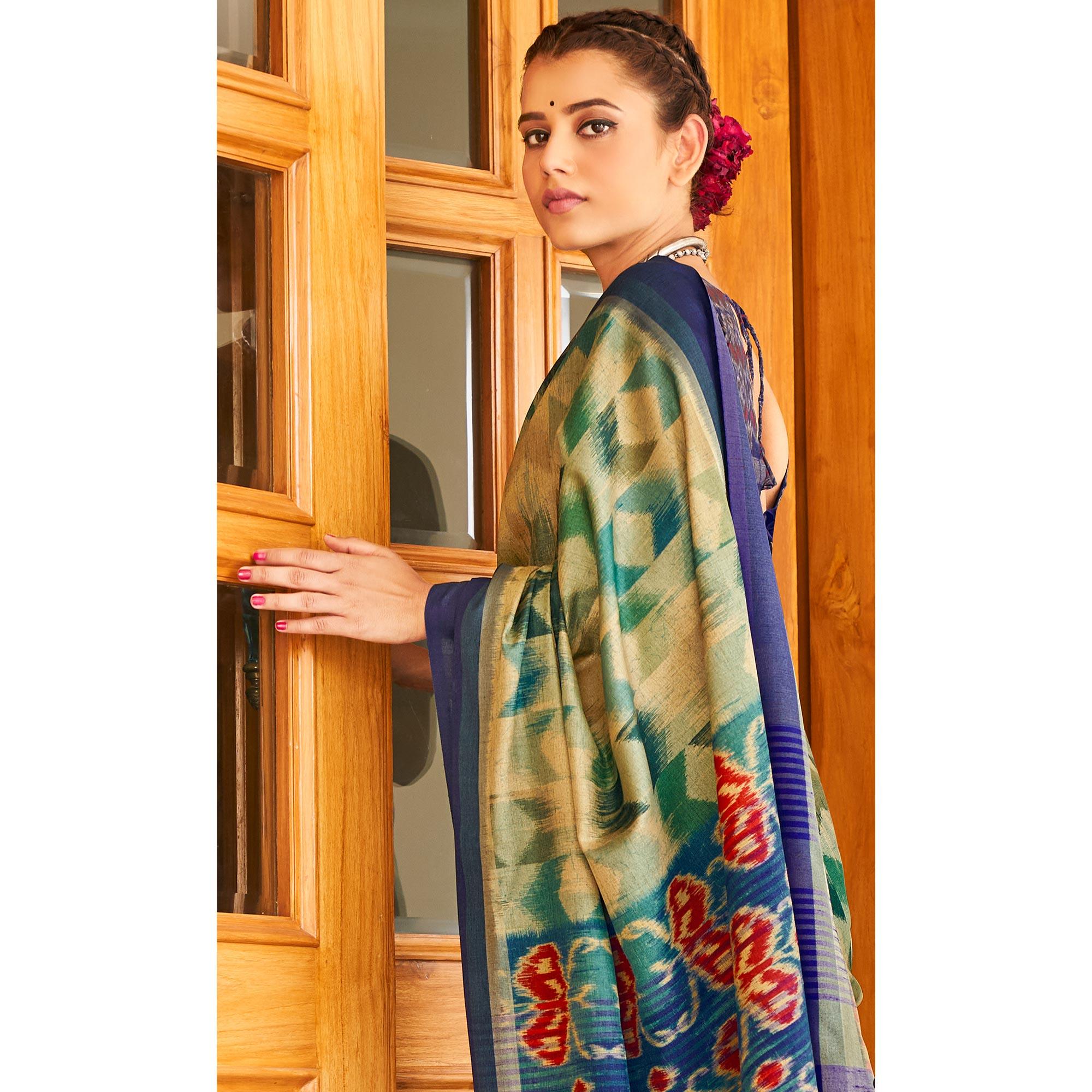 Elegant Beige & Green Coloured Partywear Woven Silk Saree - Peachmode