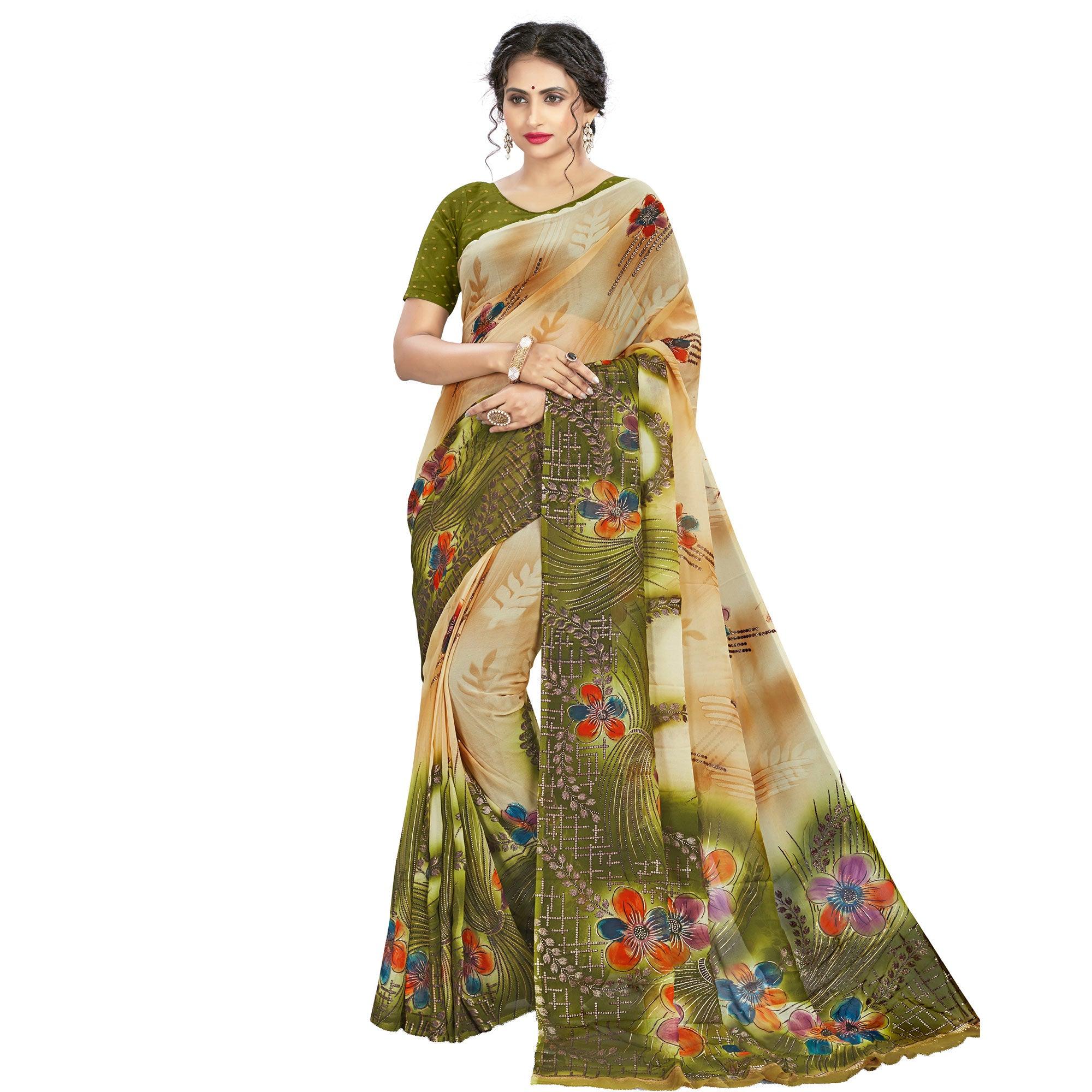 Elegant Beige - Green Colored Casual Wear Printed Georgette Saree - Peachmode