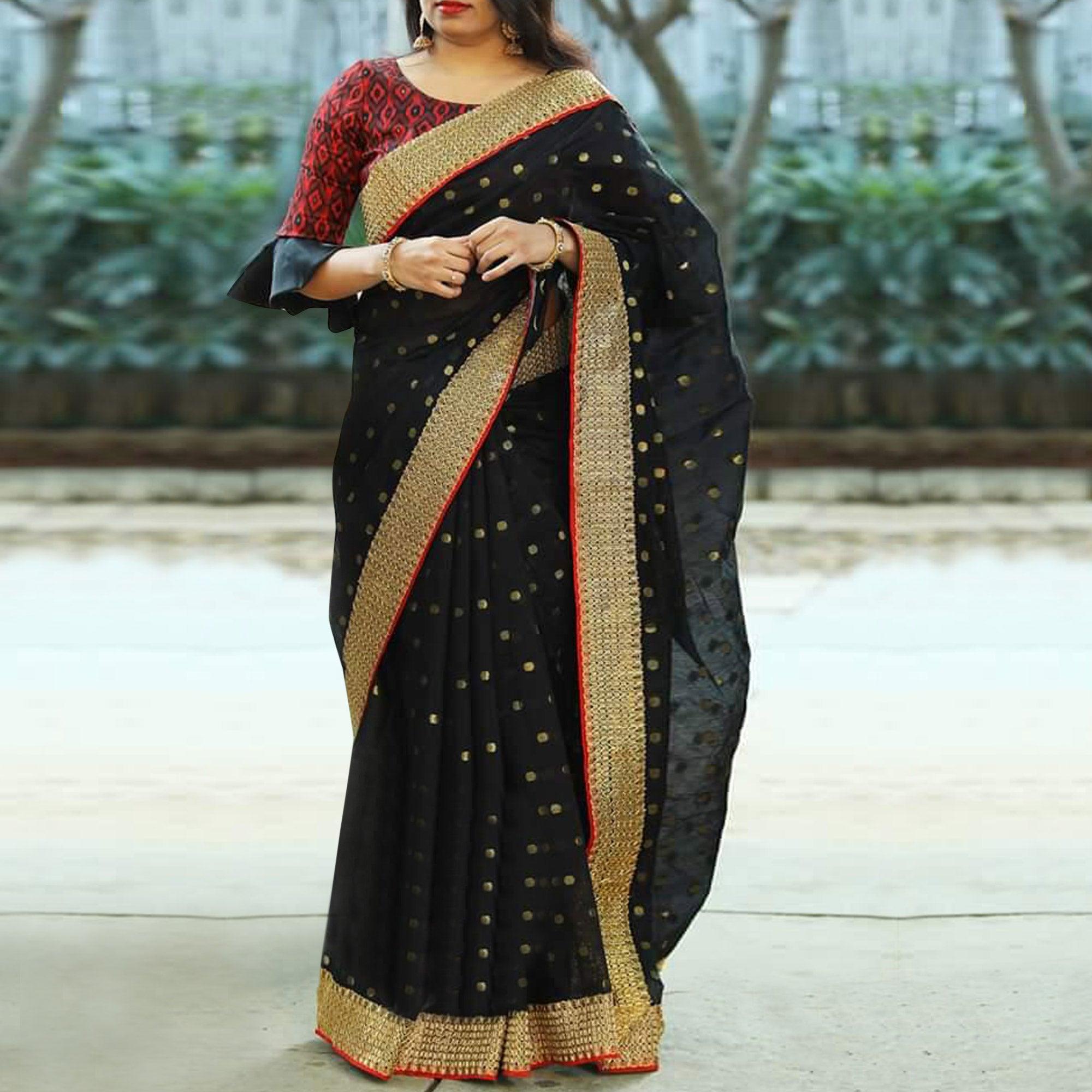 Elegant Black Colored Party Wear Embroidered Cotton Saree - Peachmode
