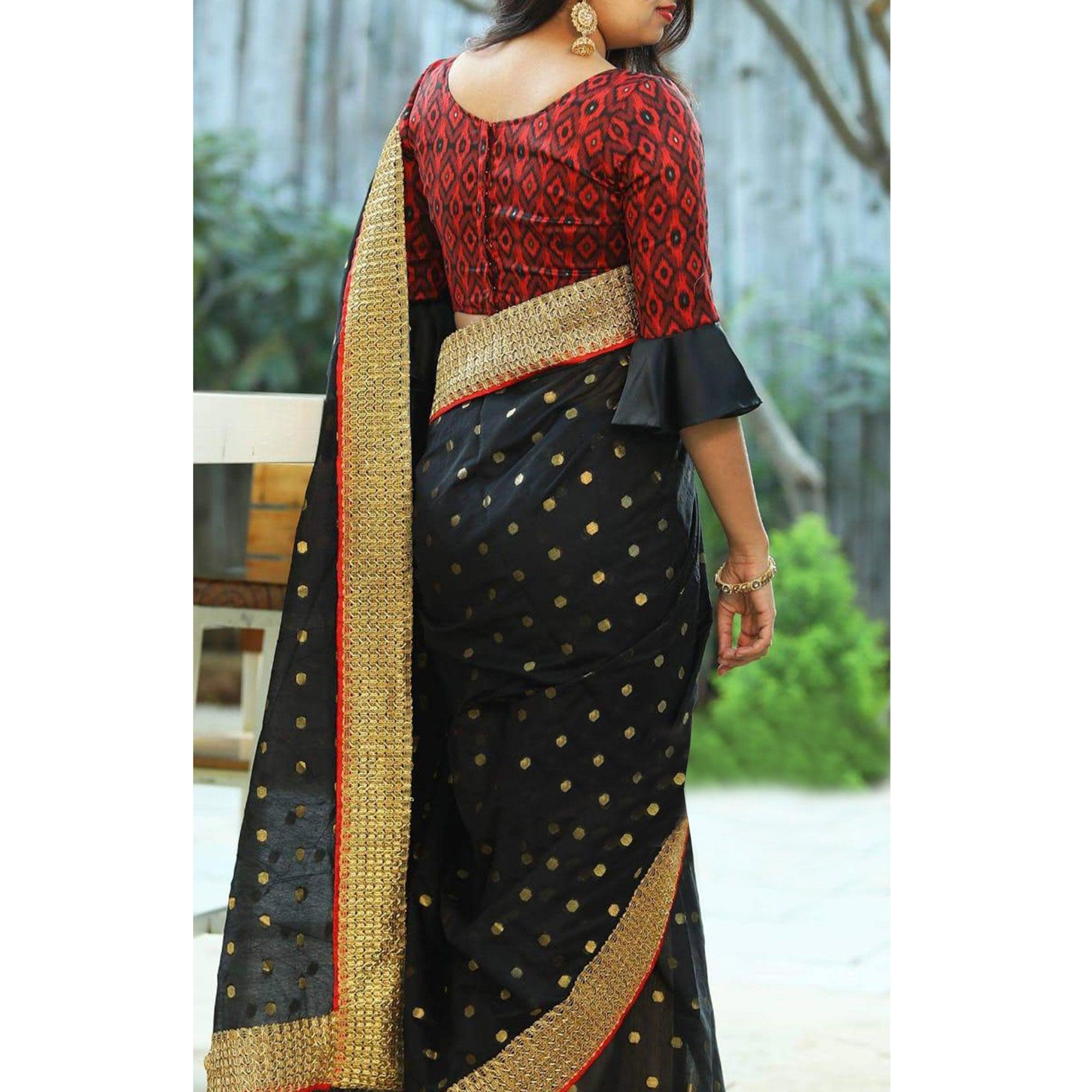 Elegant Black Colored Party Wear Embroidered Cotton Saree - Peachmode