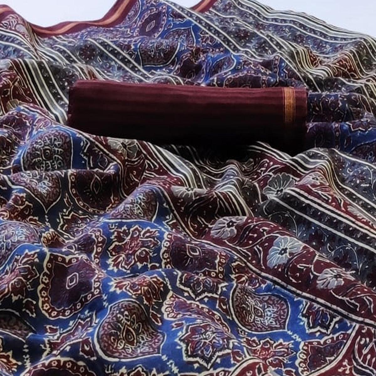 Elegant Blue Colored Casual Wear Printed Cotton Saree - Peachmode