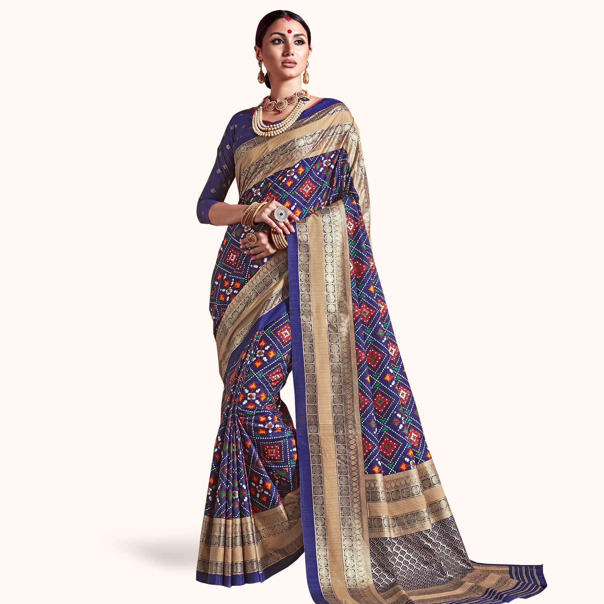 Elegant Blue Colored Festive Wear Printed Kanjivaram Silk Saree - Peachmode