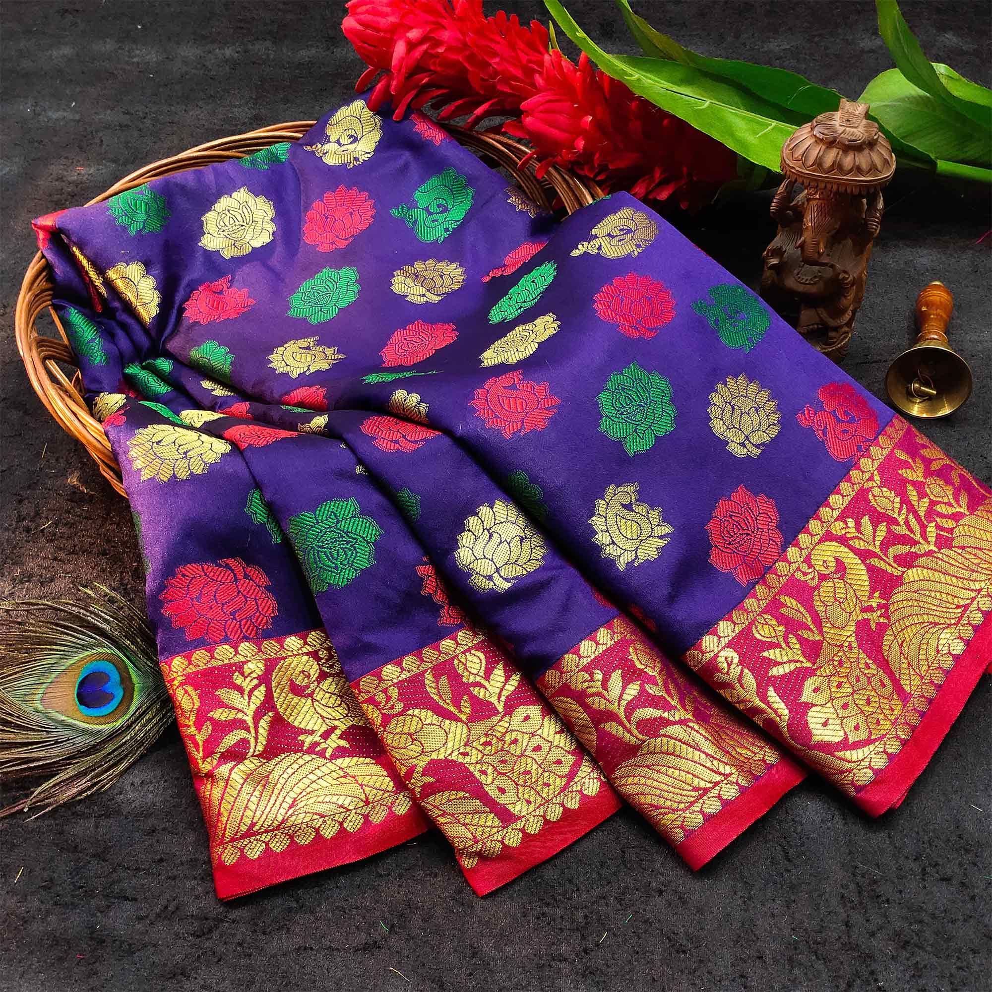 Elegant Blue Colored Festive Wear Woven Kanjivaram Silk Saree - Peachmode