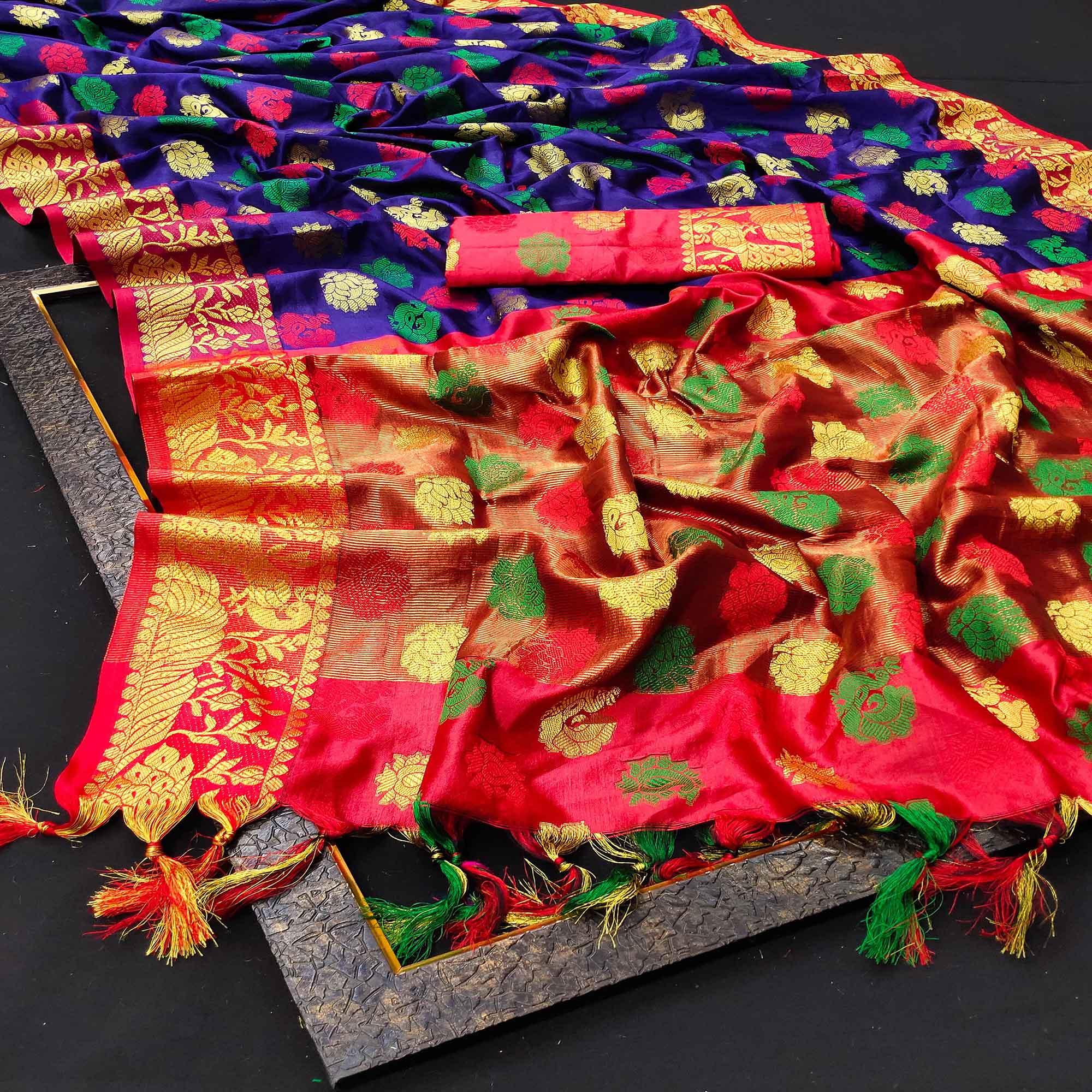 Elegant Blue Colored Festive Wear Woven Kanjivaram Silk Saree - Peachmode