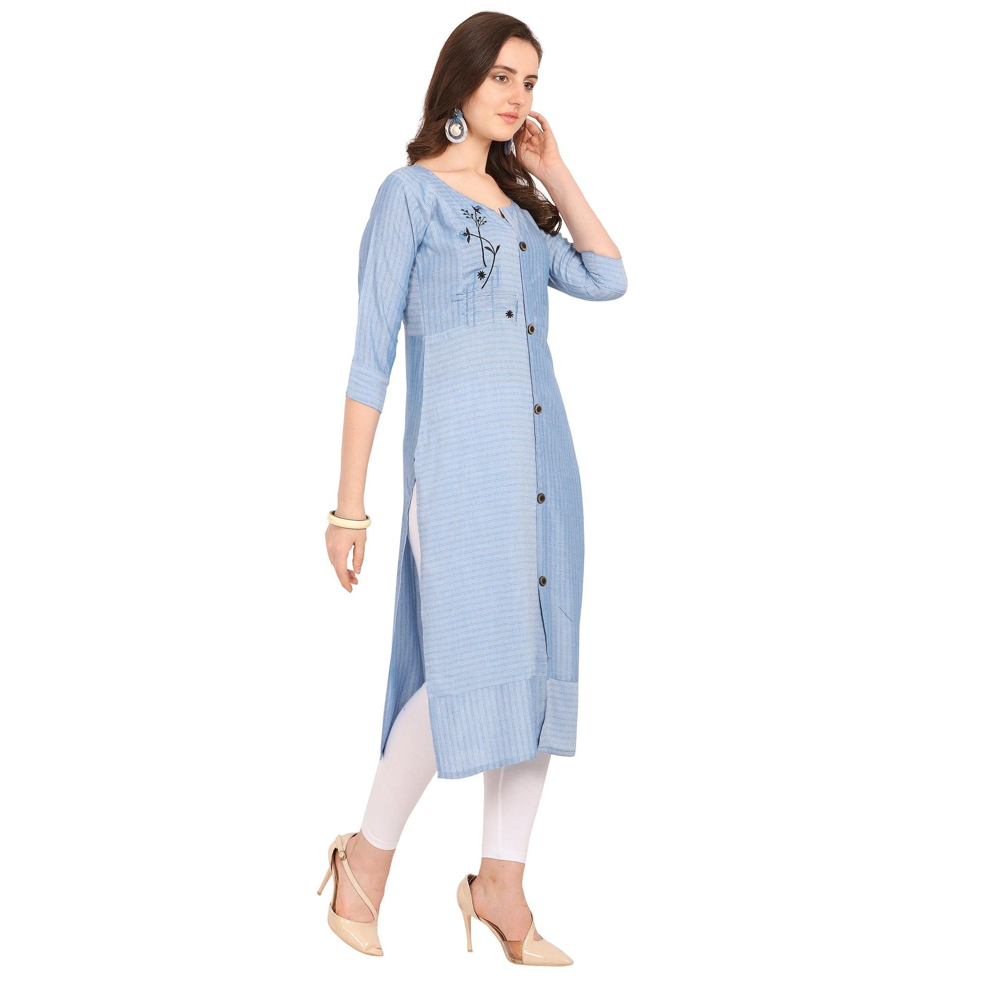 Elegant Blue Colored Party Wear Embellished Work Rayon Kurti - Peachmode