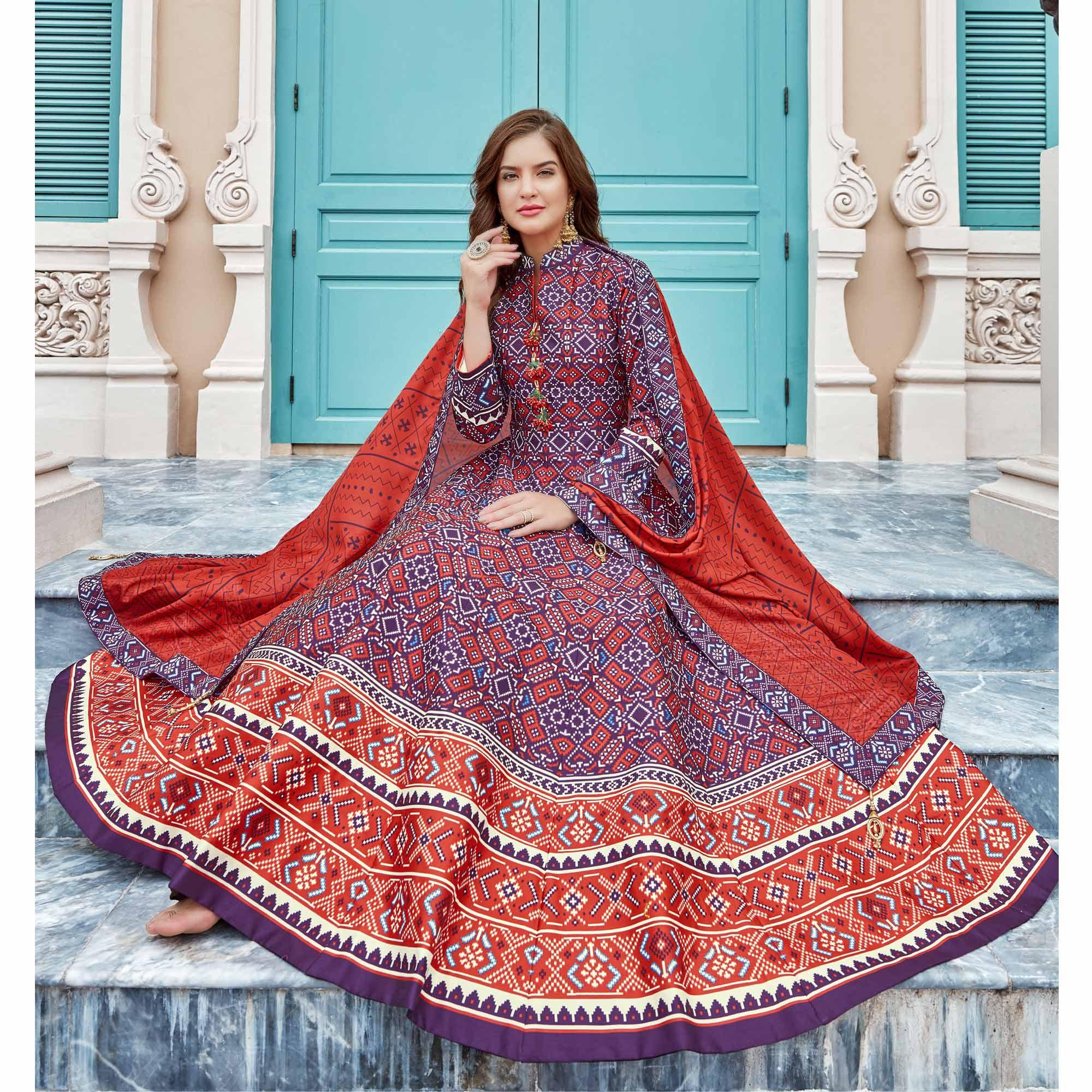 Elegant Blue Colored Partywear Patola Printed Silk Anarkali Suit - Peachmode