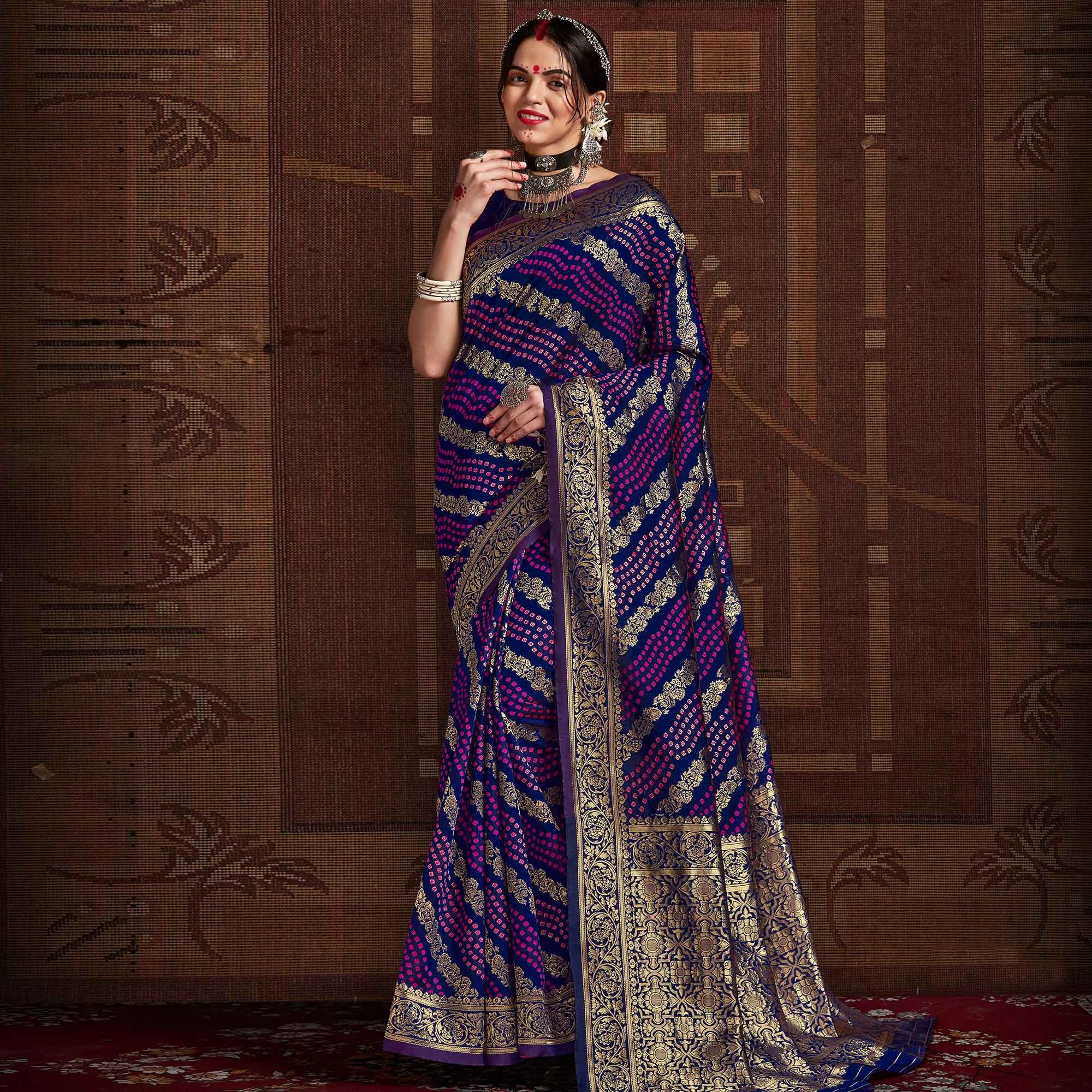 Elegant Blue Coloured Designer Party Wear Silk Saree - Peachmode