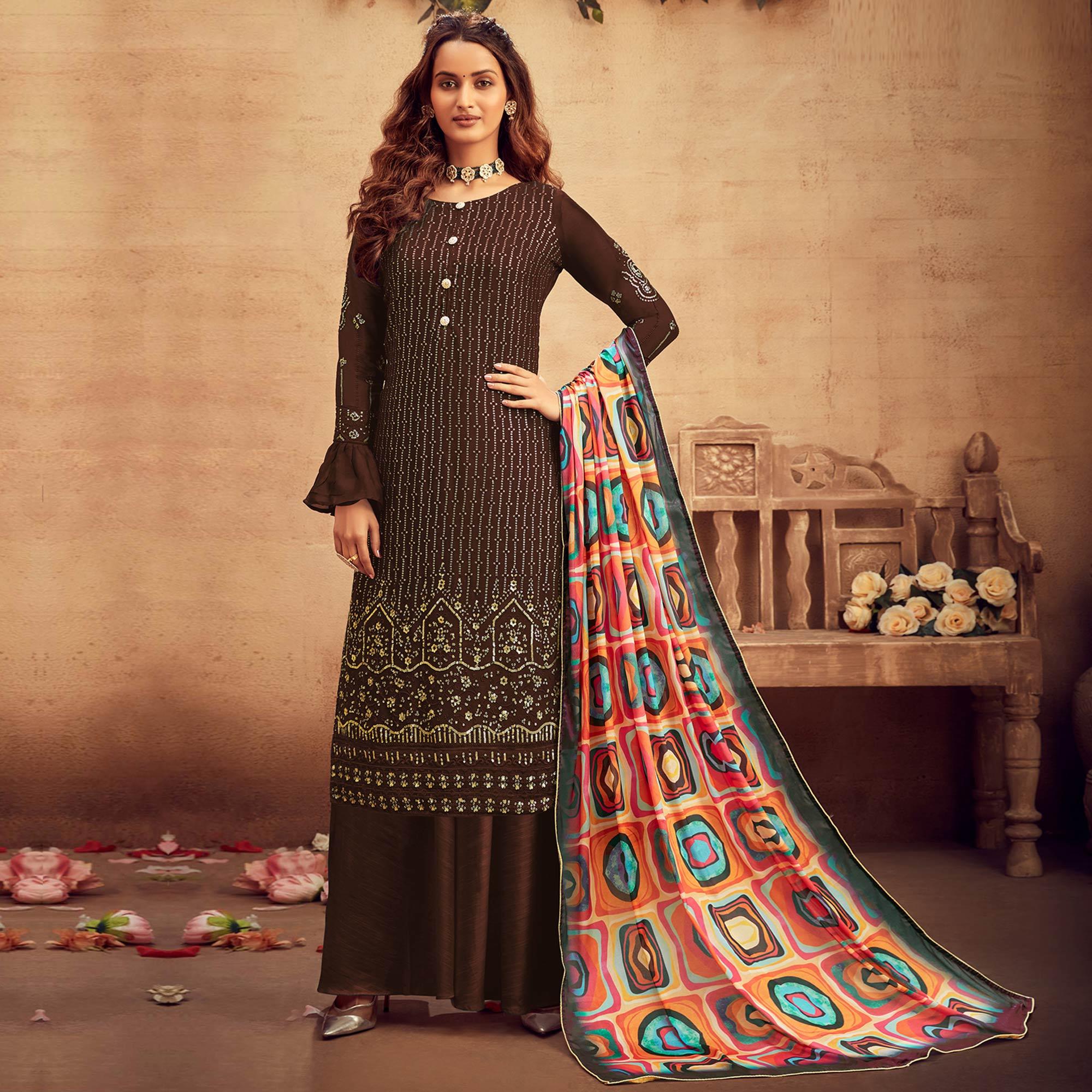 Elegant Bronze Coloured Partywear Designer Embroidered Sequence Heavy Faux Georgette Palazzo Suit - Peachmode
