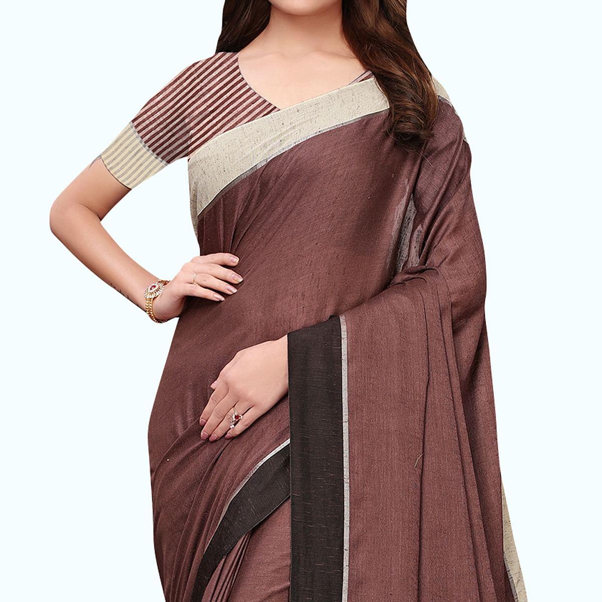 Elegant Brown Colored Festive Wear Linen Saree - Peachmode