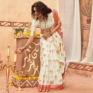 Elegant Cream Colored Festive Wear Woven Silk Blend Saree With Tassels - Peachmode