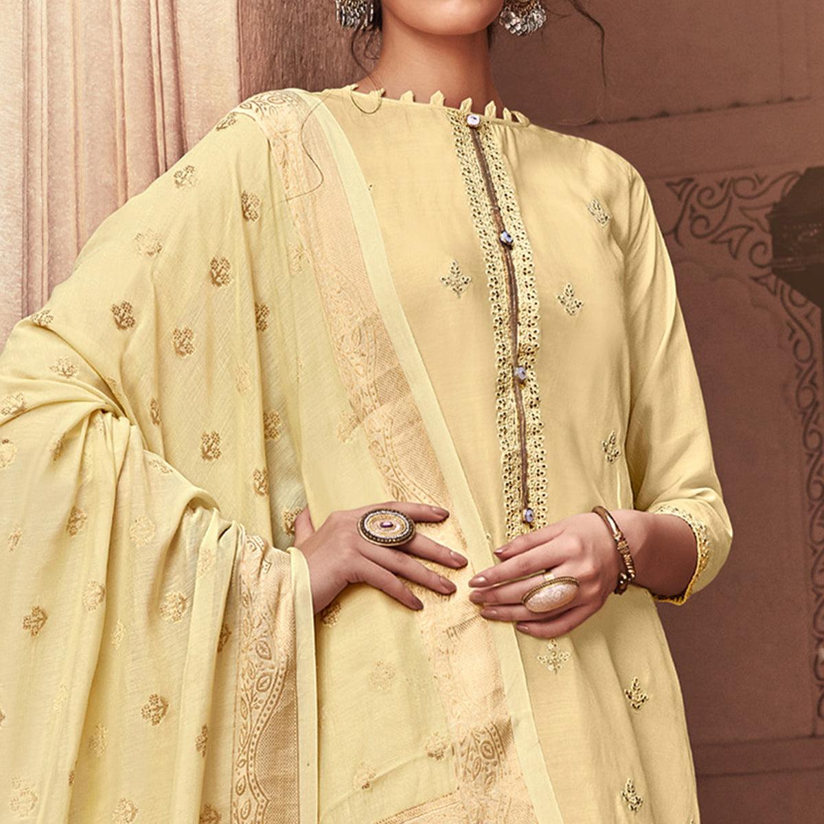 Elegant Cream Colored Partywear Embroidered Viscose Muslin Palazzo Suit - Peachmode